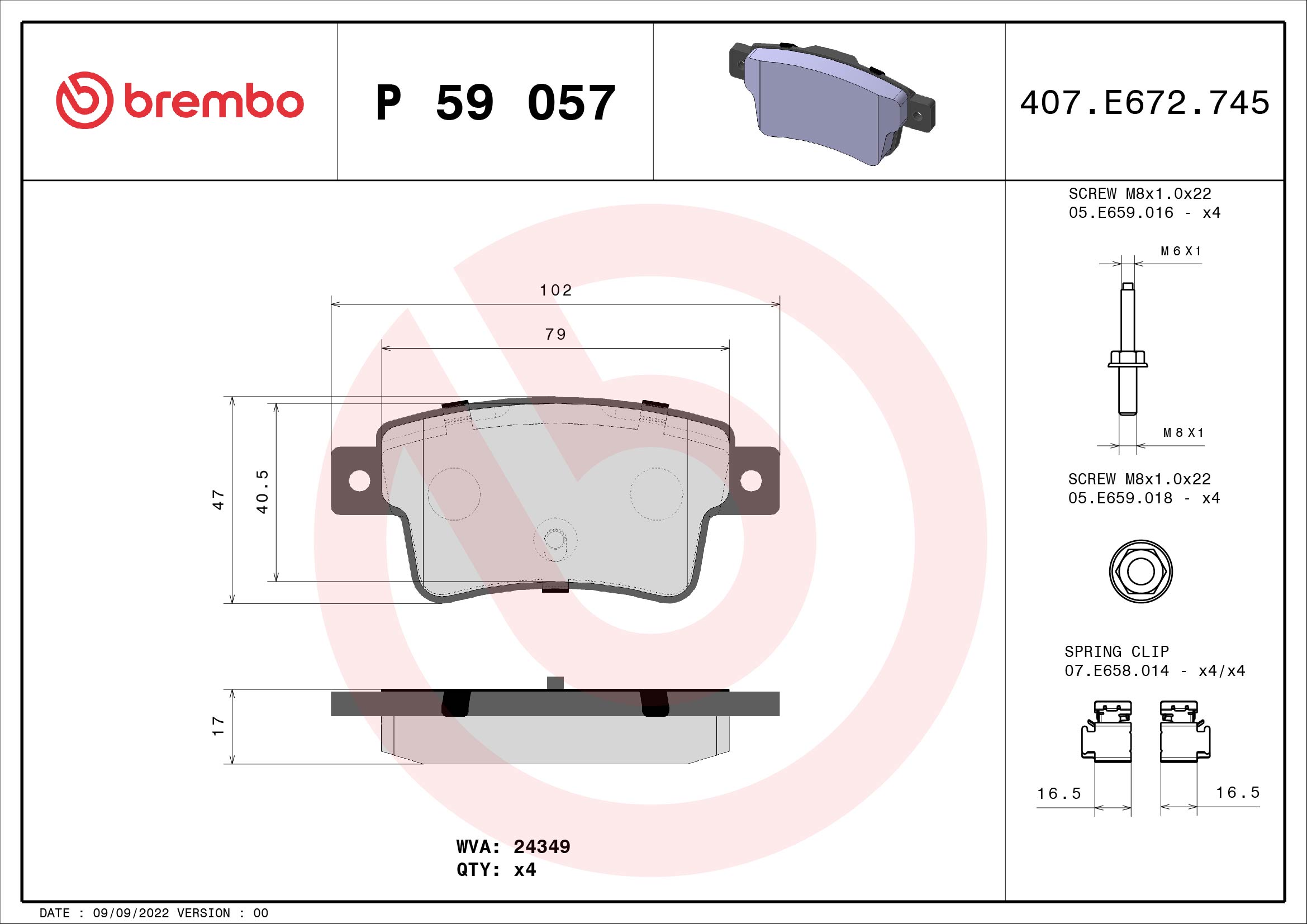 Brake Pad Set, disc brake - P 59 057 BREMBO