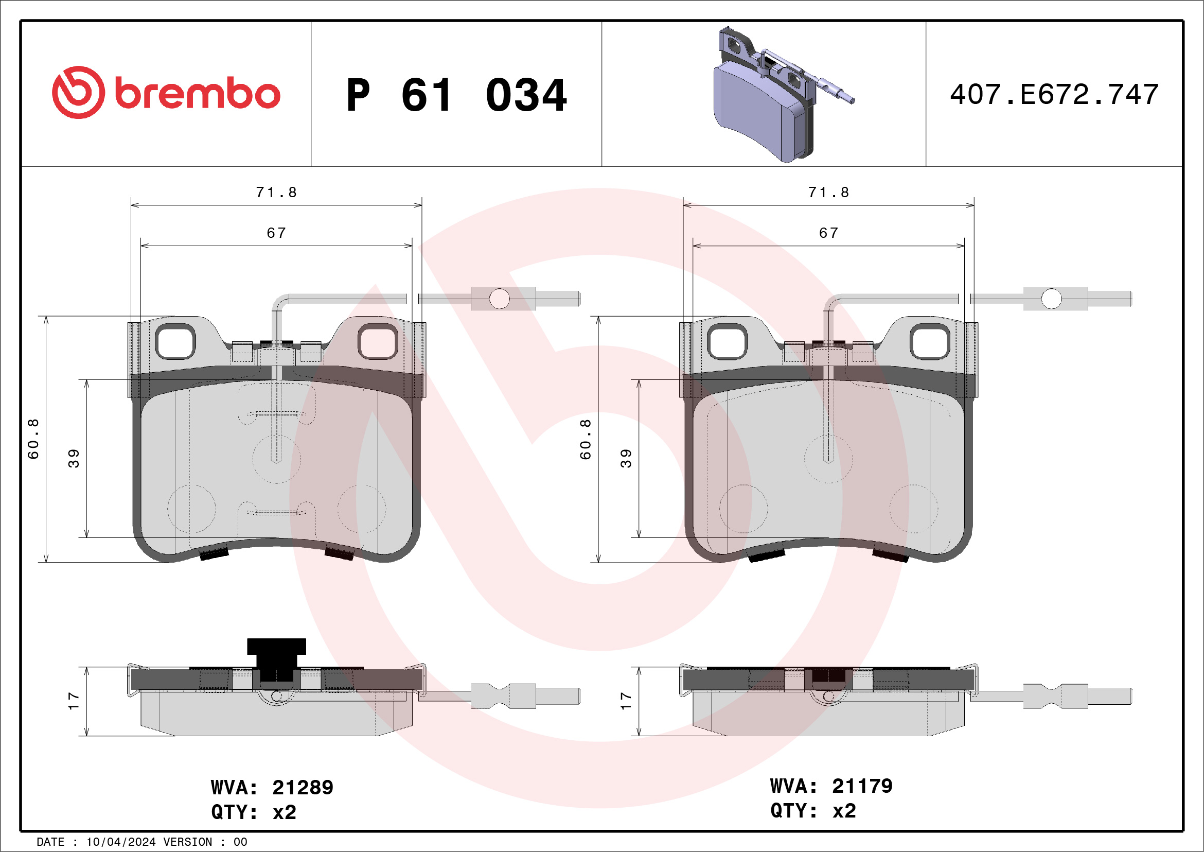 stabdžių trinkelių rinkinys, diskinis stabdys - P 61 034 BREMBO