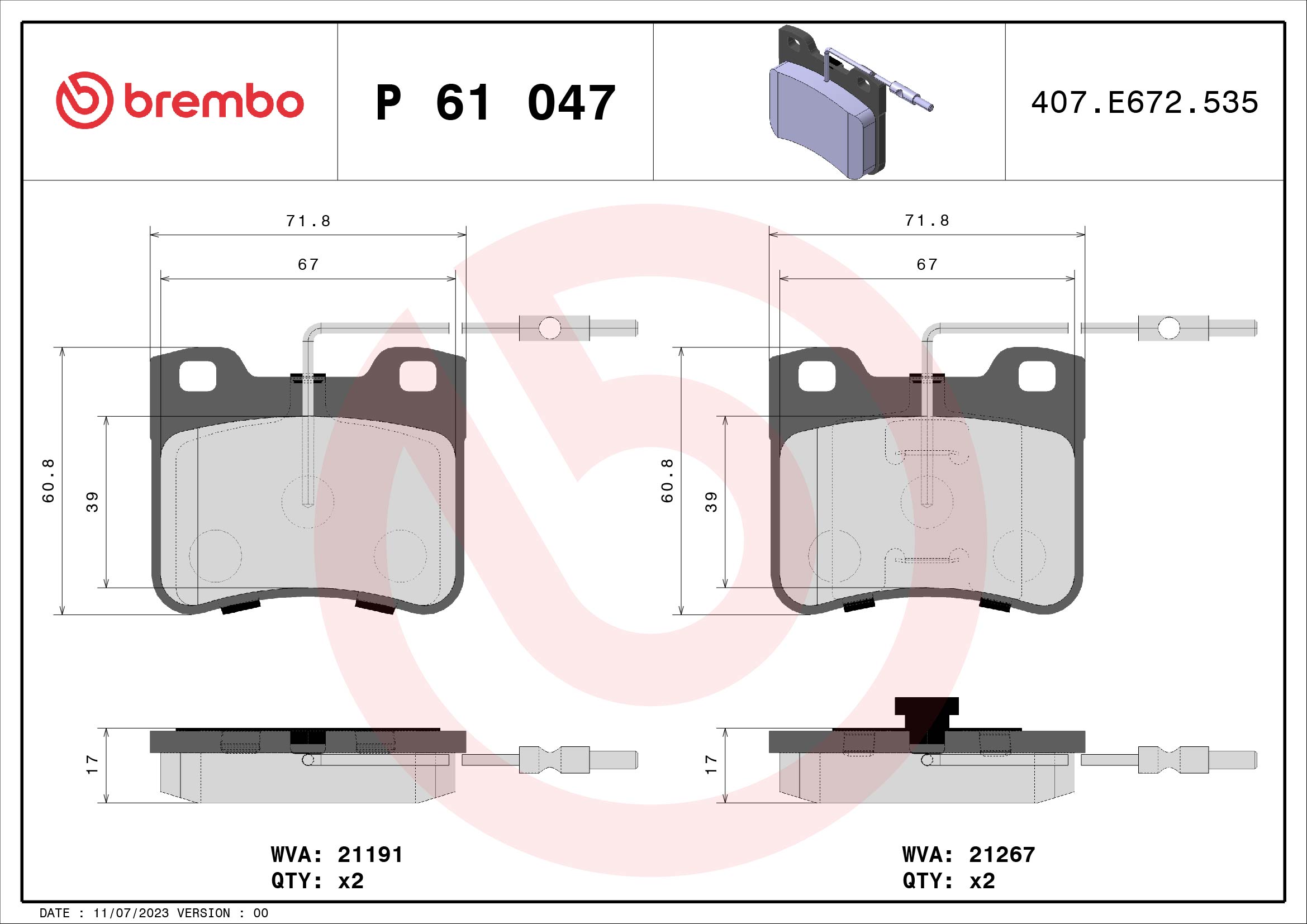 Комплект тормозных колодок, дисковый тормоз - P 61 047 BREMBO