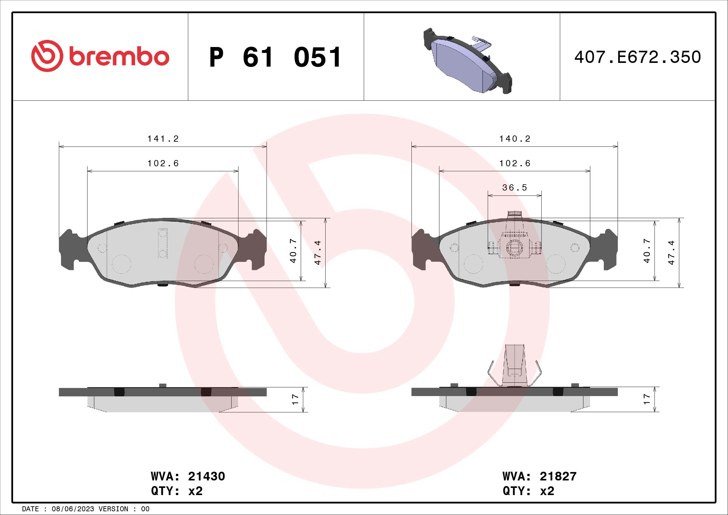 Brake Pad Set, disc brake - P 61 051 BREMBO