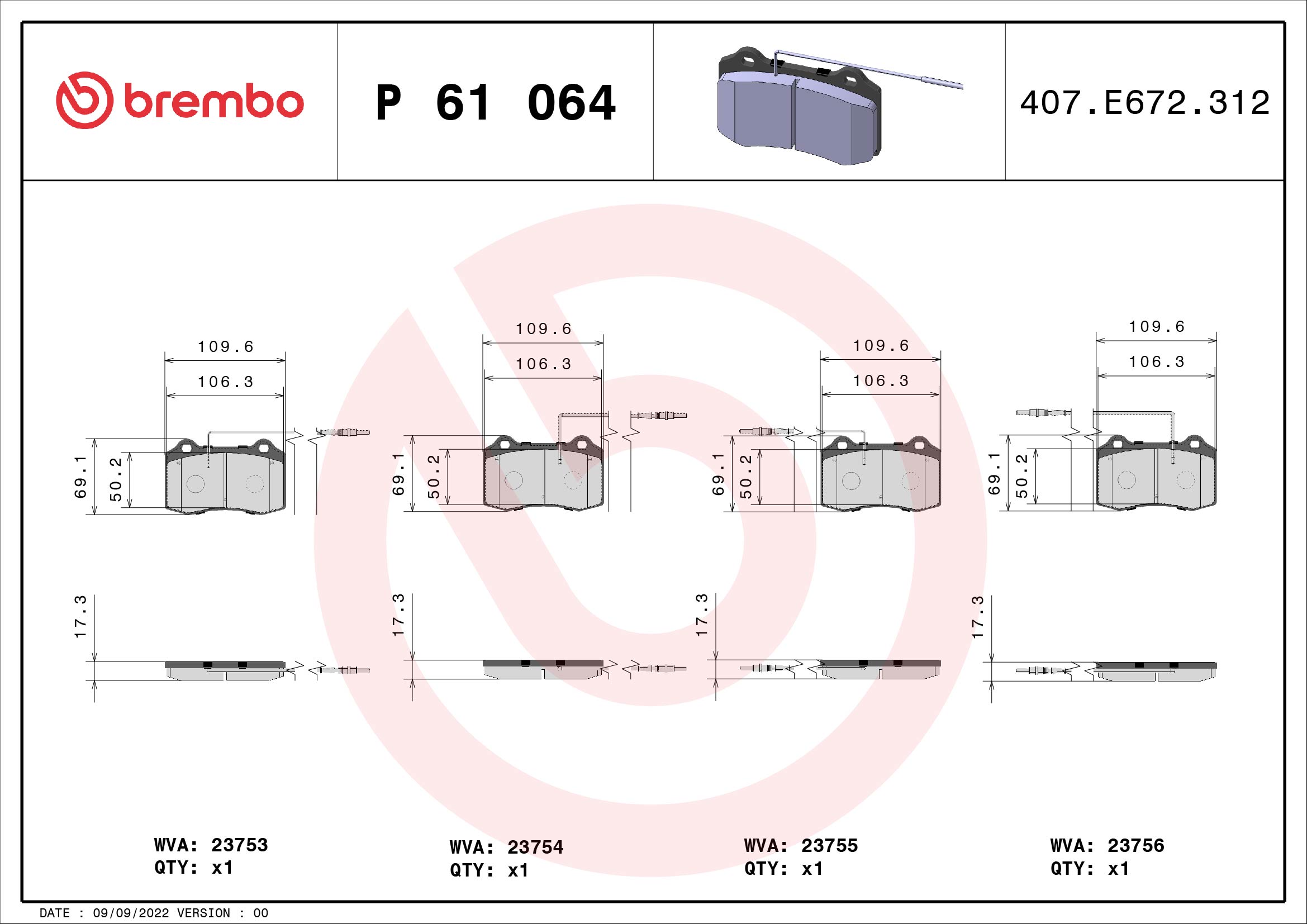 Brake Pad Set, disc brake - P 61 064 BREMBO