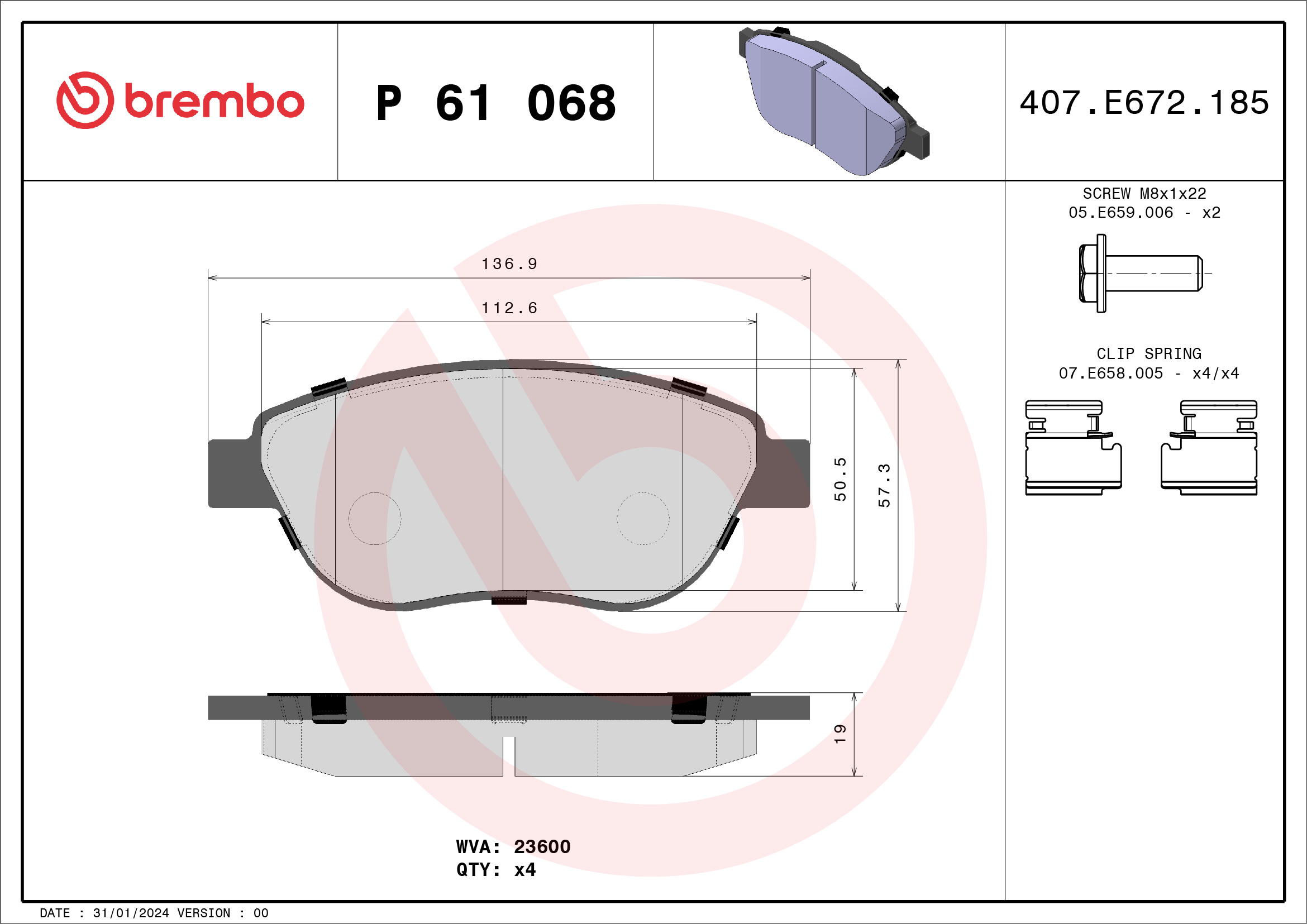 Brake Pad Set, disc brake - P 61 068 BREMBO