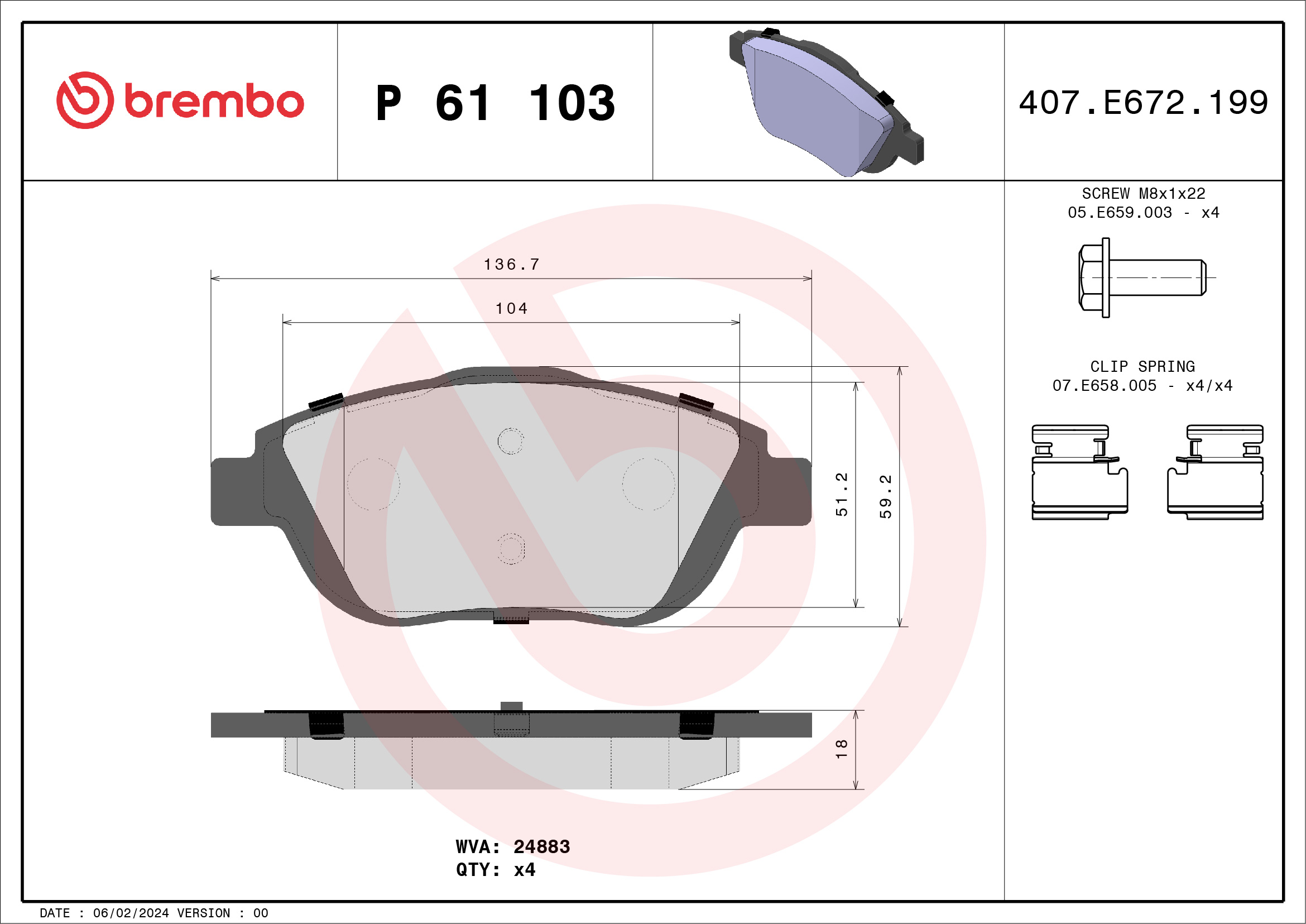 stabdžių trinkelių rinkinys, diskinis stabdys - P 61 103 BREMBO