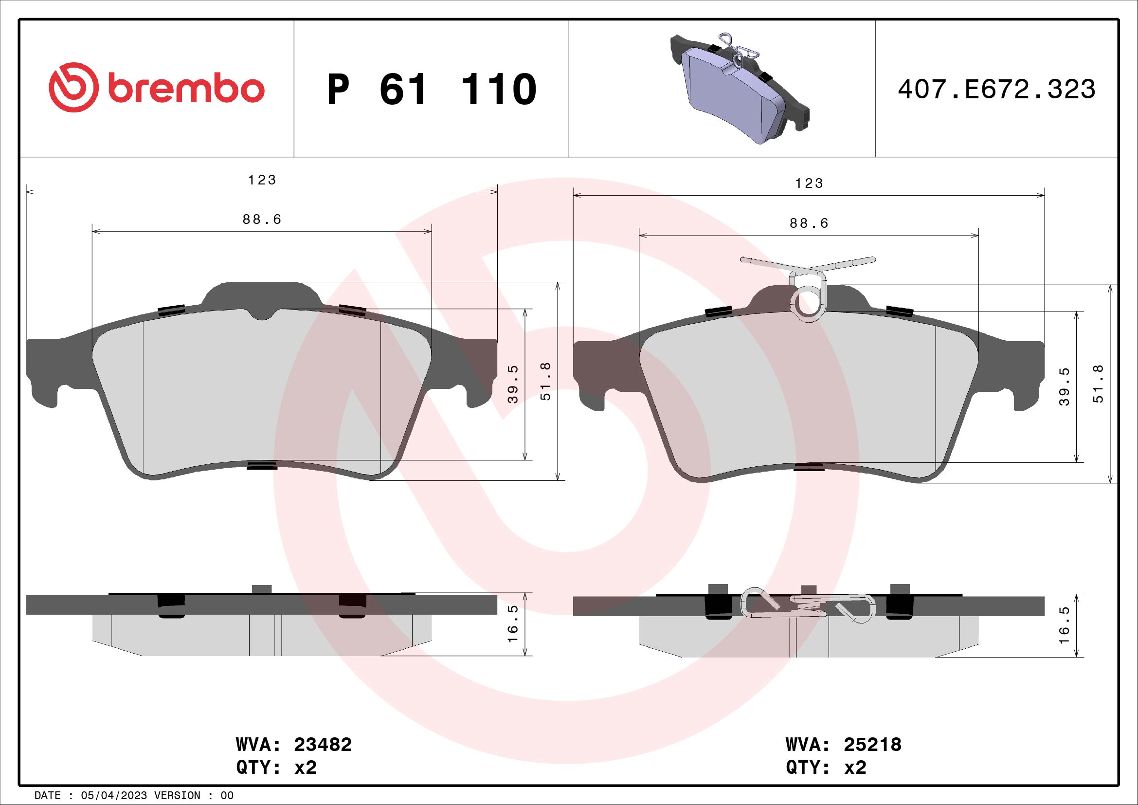 Комплект тормозных колодок, дисковый тормоз - P 61 110 BREMBO