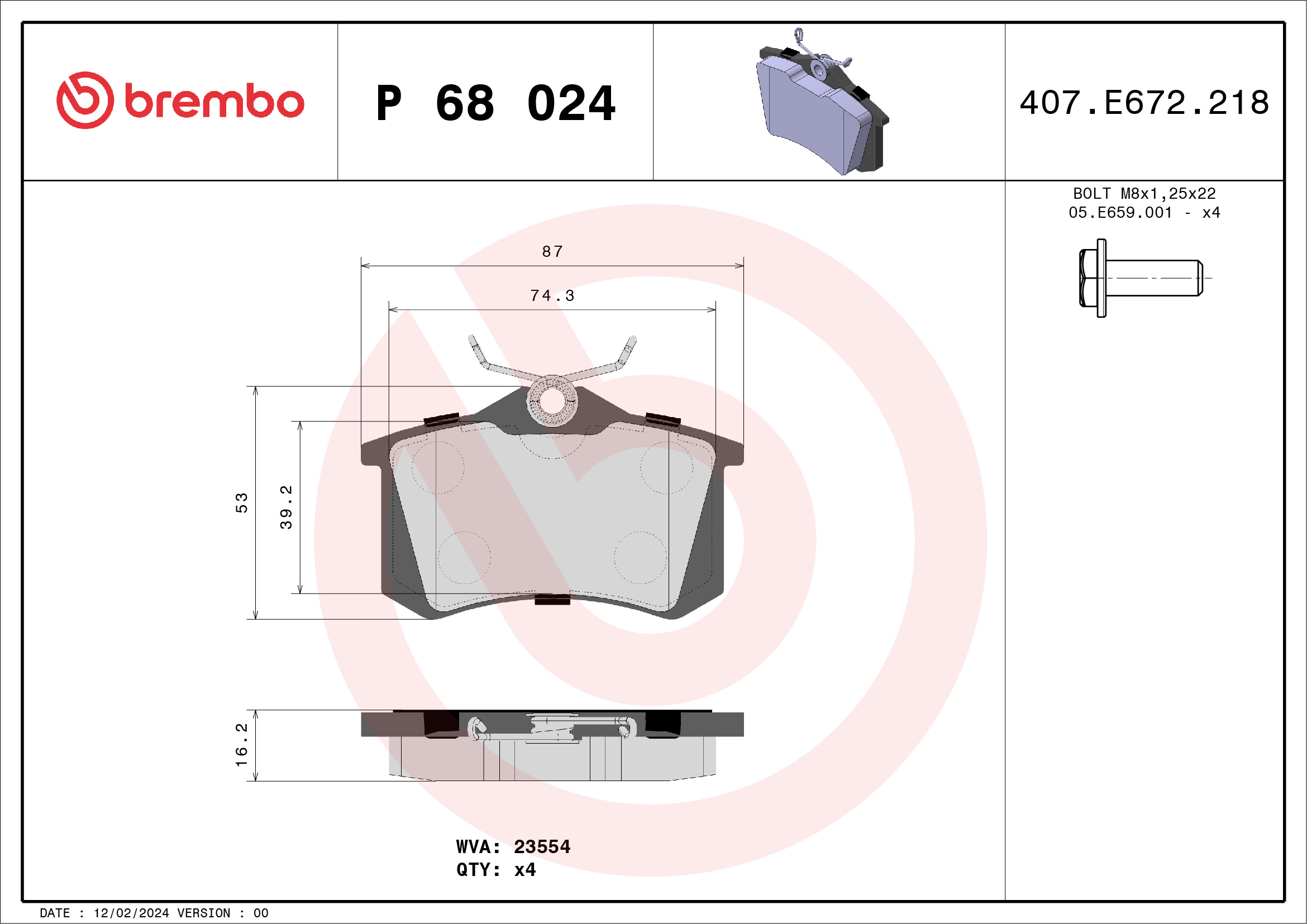 Kit pastiglie freno, Freno a disco - P 68 024 BREMBO