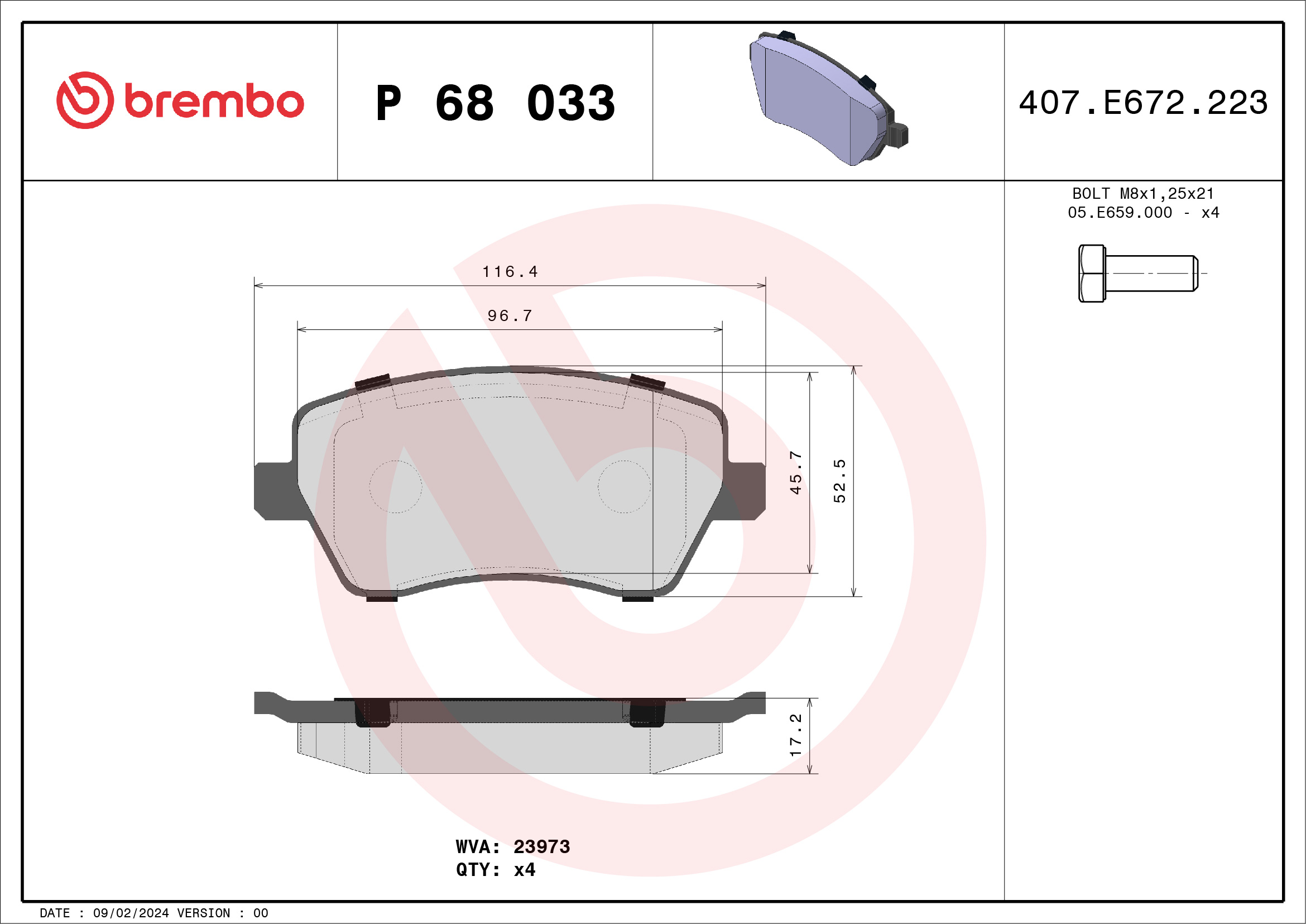 Kit pastiglie freno, Freno a disco - P 68 033 BREMBO