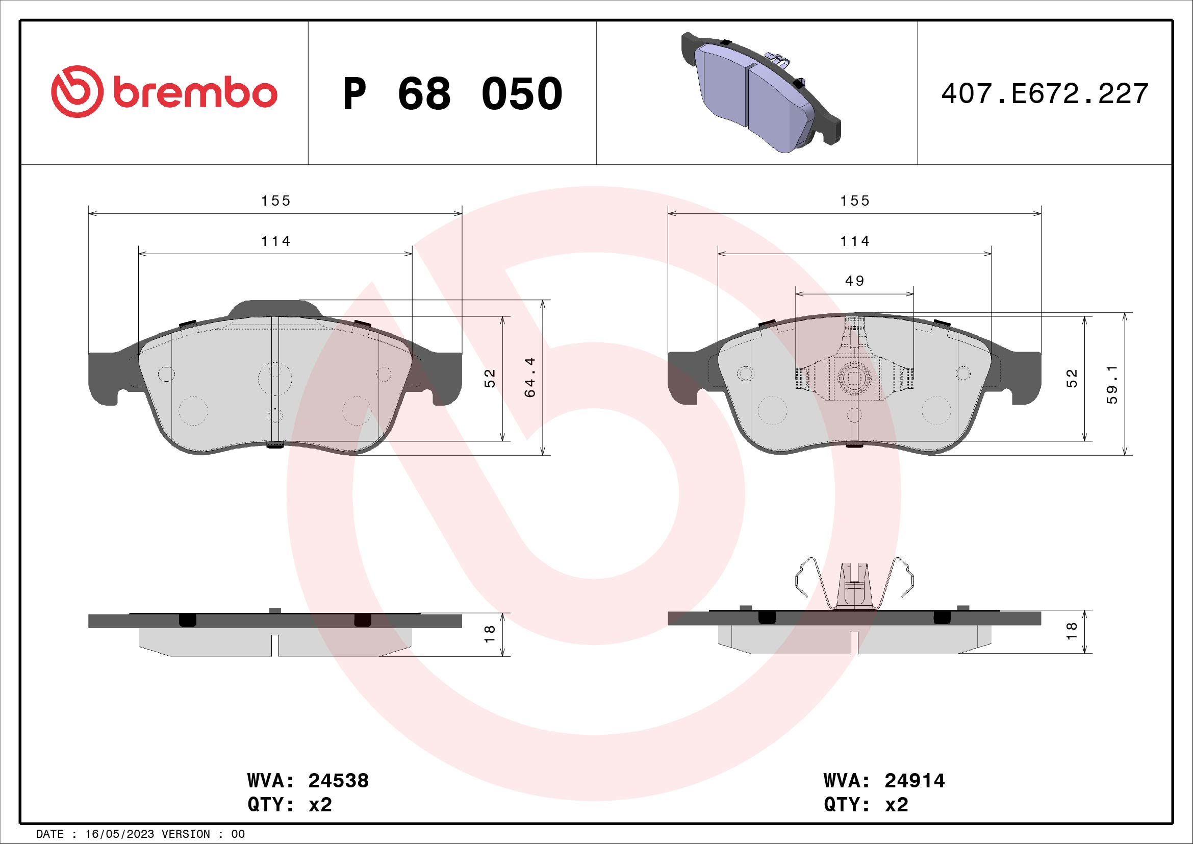Комплект тормозных колодок, дисковый тормоз - P 68 050 BREMBO