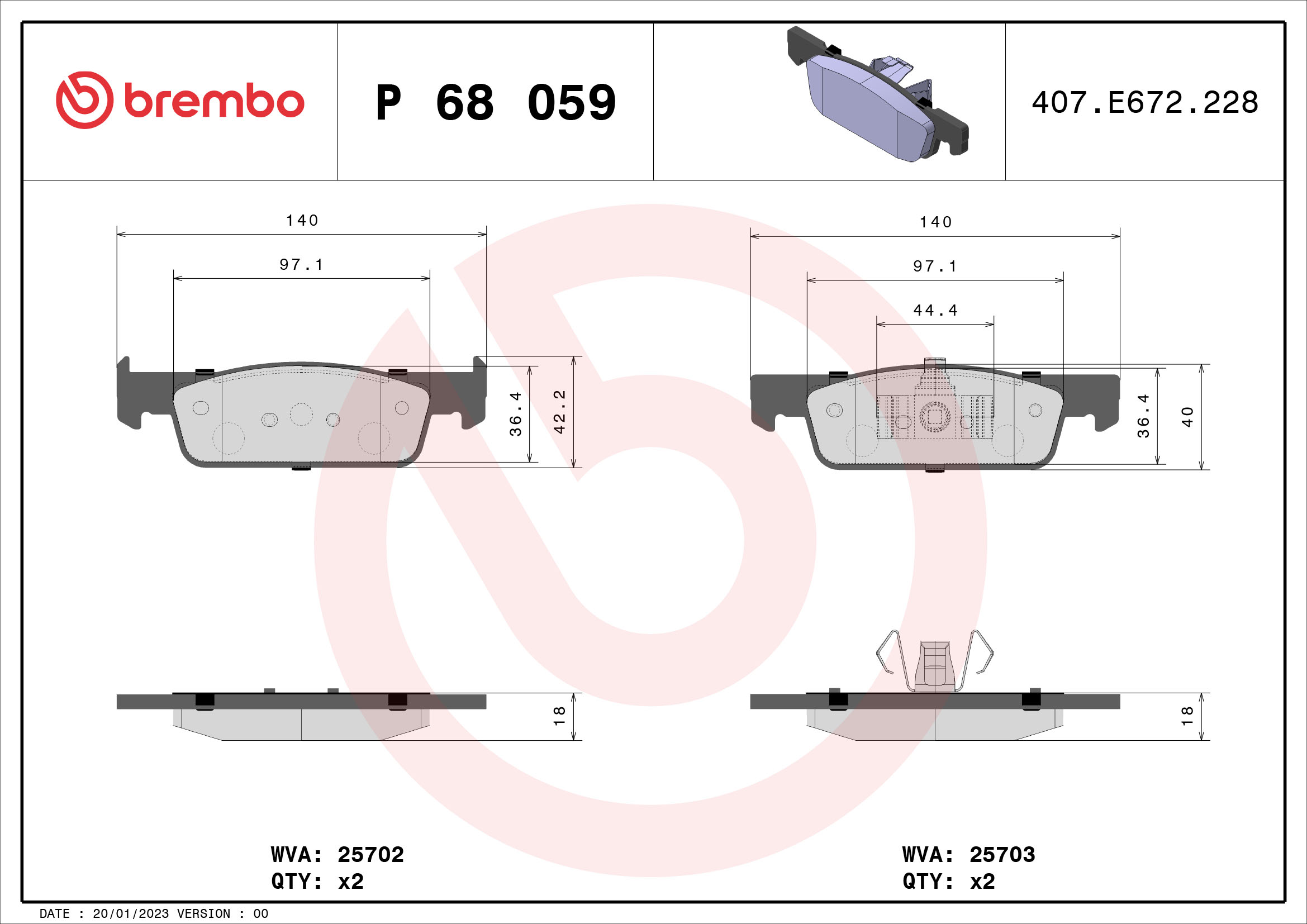 stabdžių trinkelių rinkinys, diskinis stabdys - P 68 059 BREMBO