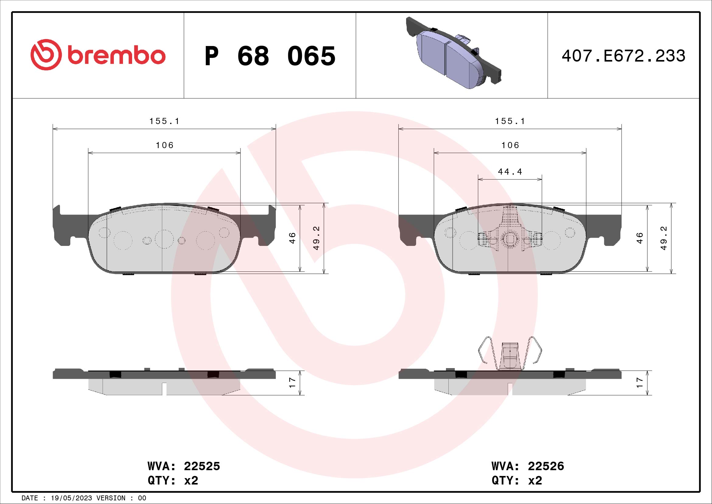 Bremsbelagsatz, Scheibenbremse - P 68 065 BREMBO