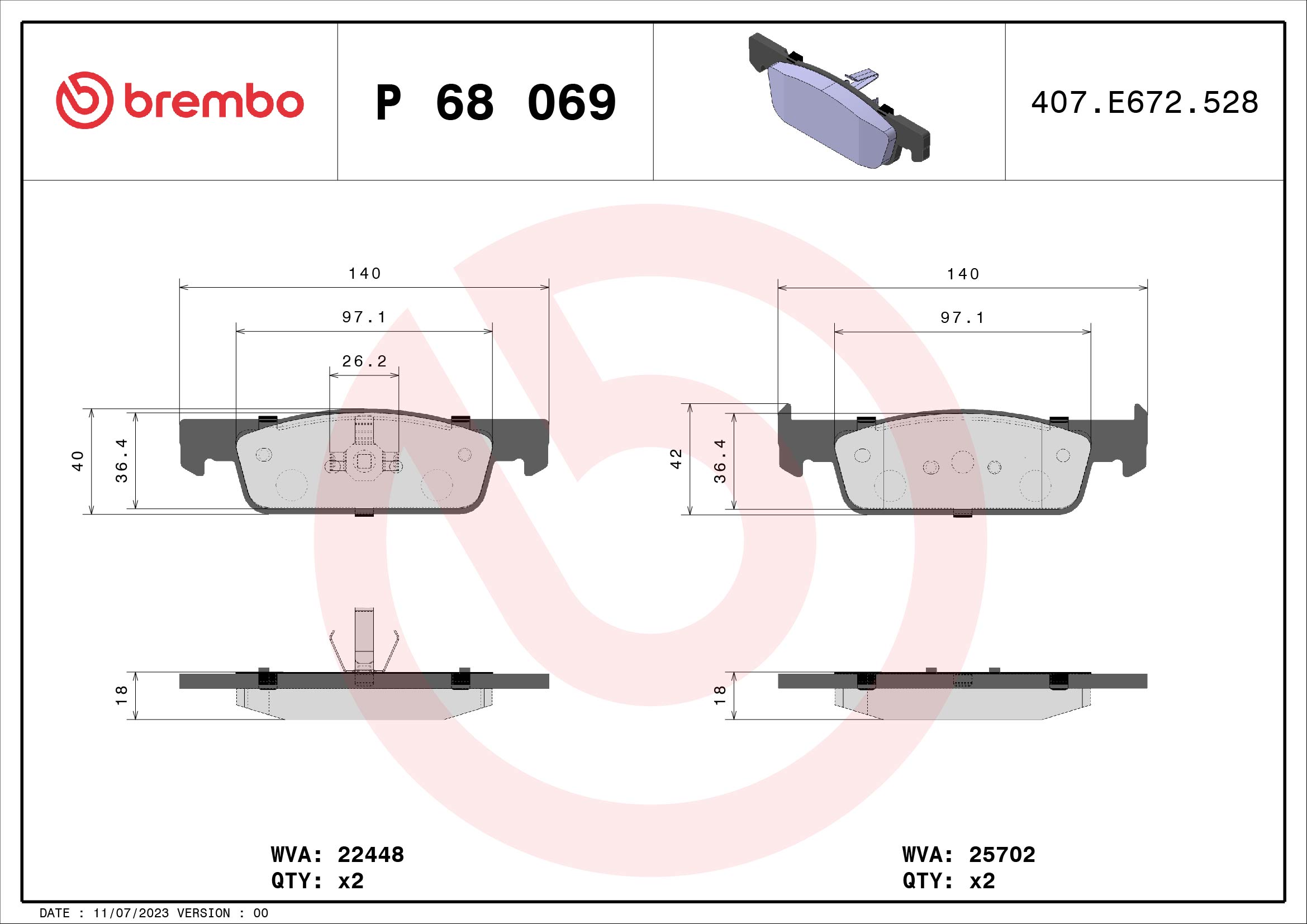 Kit pastiglie freno, Freno a disco - P 68 069 BREMBO