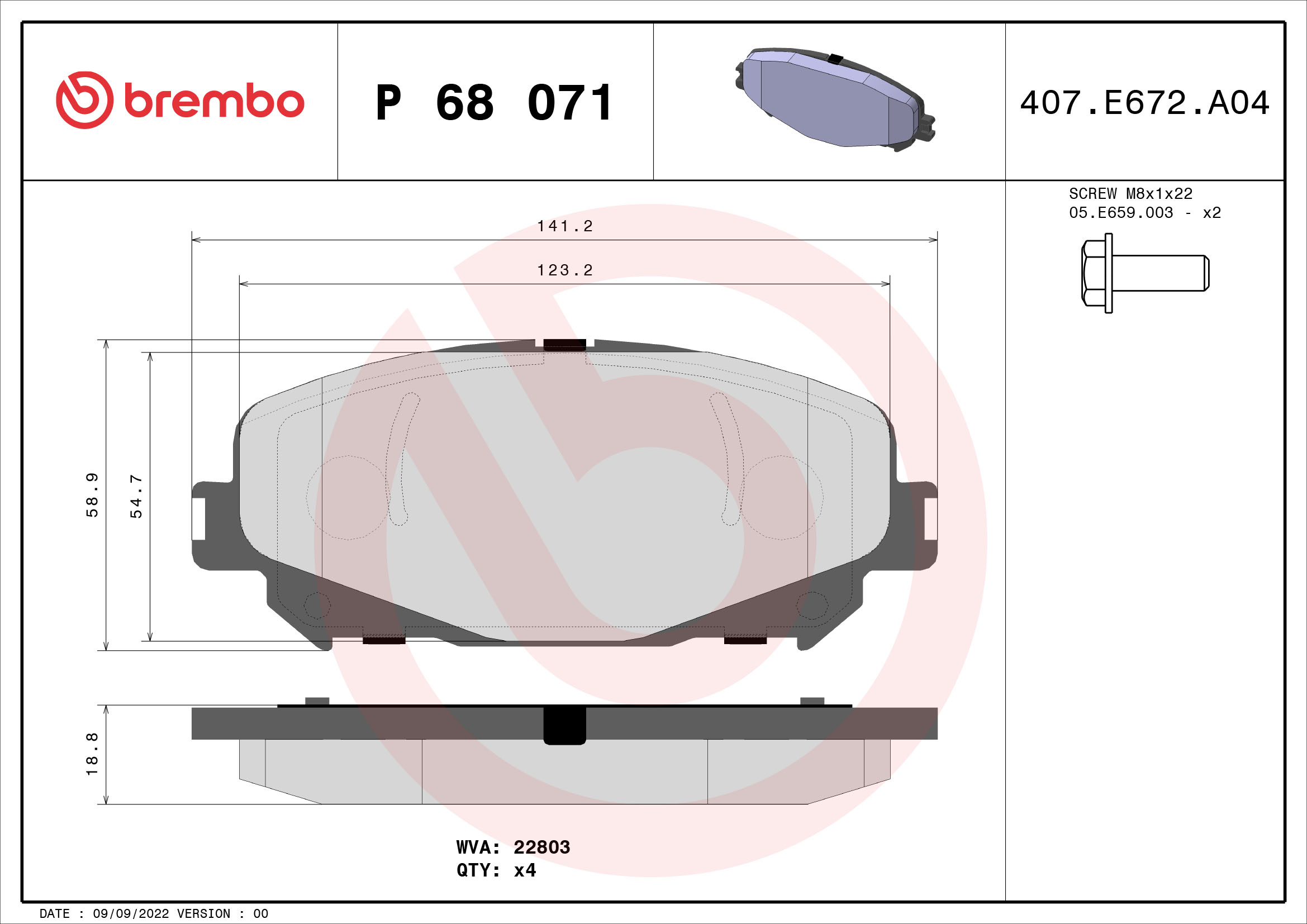 Комплект тормозных колодок, дисковый тормоз - P 68 071 BREMBO
