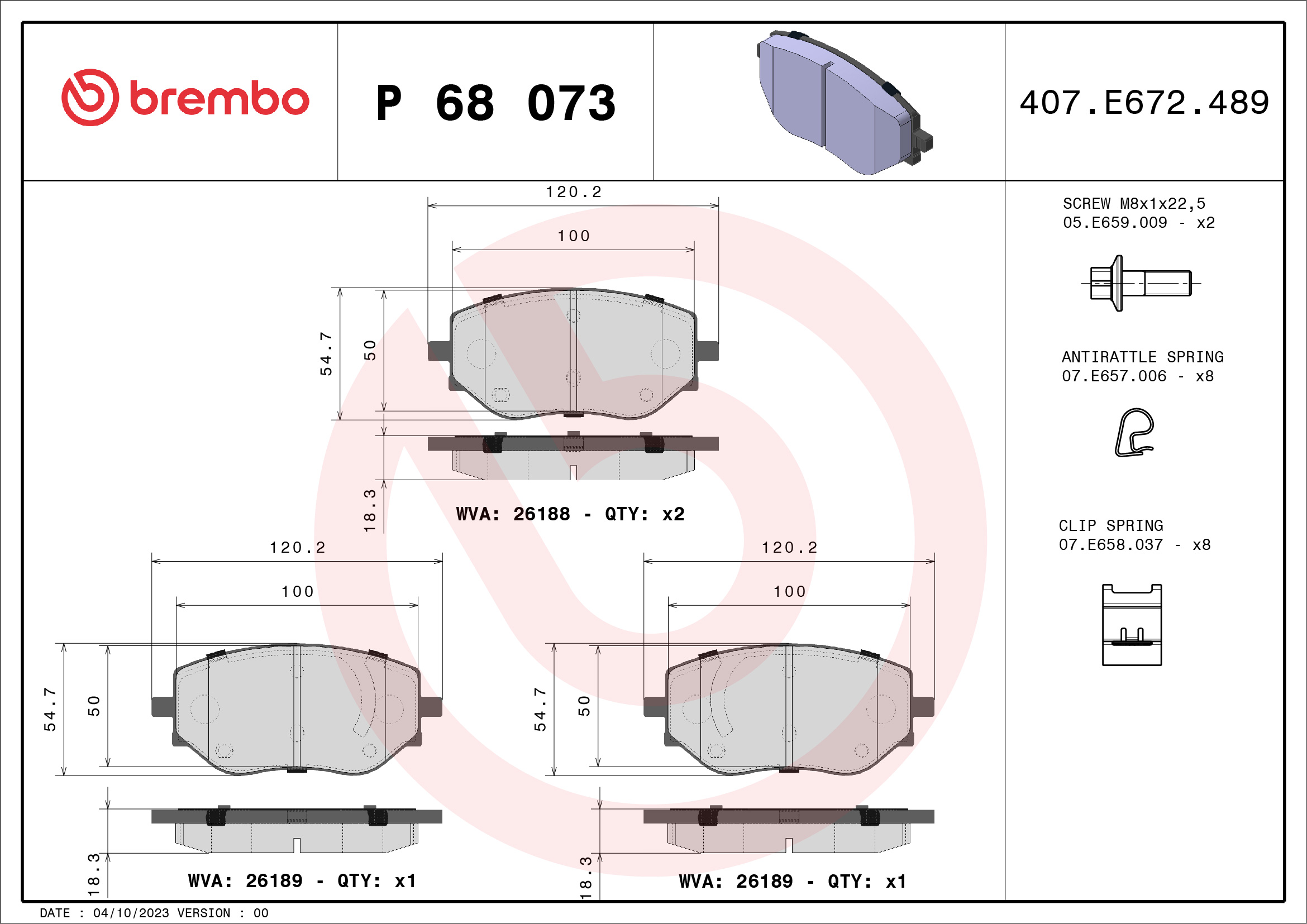 Kit pastiglie freno, Freno a disco - P 68 073 BREMBO