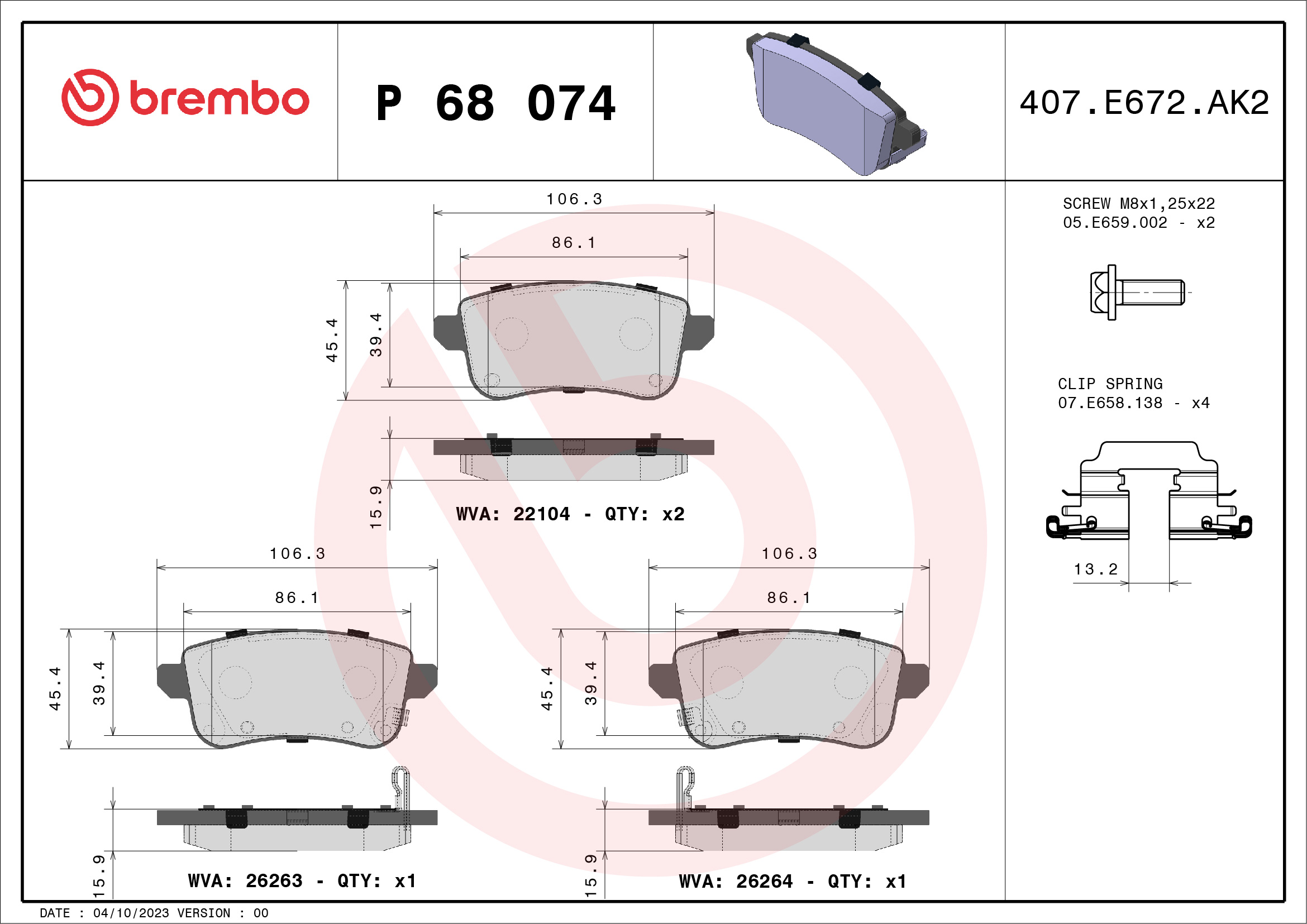 Bremsbelagsatz, Scheibenbremse - P 68 074 BREMBO