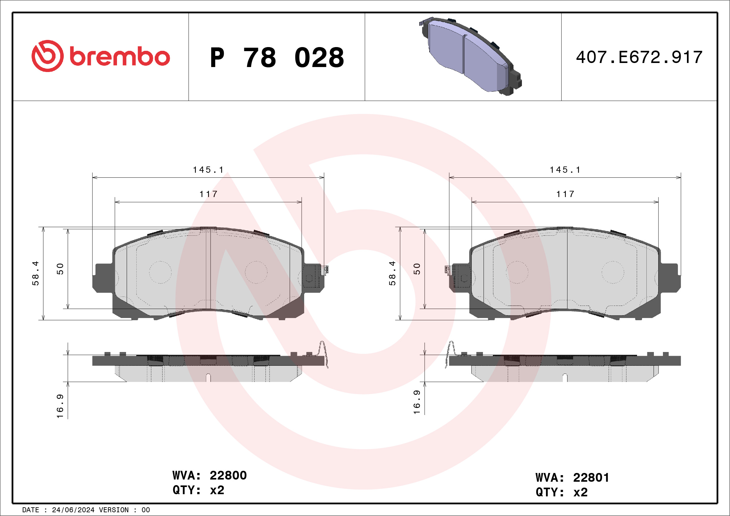 Bremsbelagsatz, Scheibenbremse - P 78 028 BREMBO