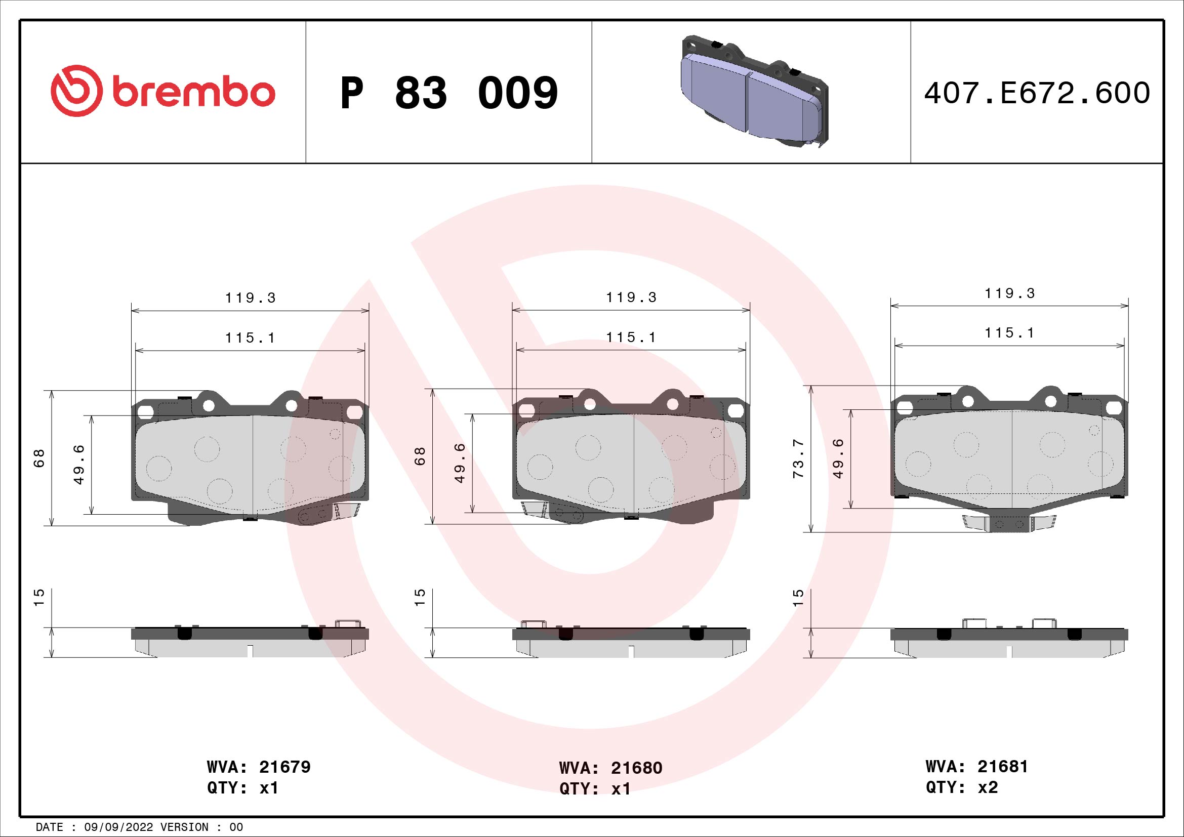 Комплект тормозных колодок, дисковый тормоз - P 83 009 BREMBO
