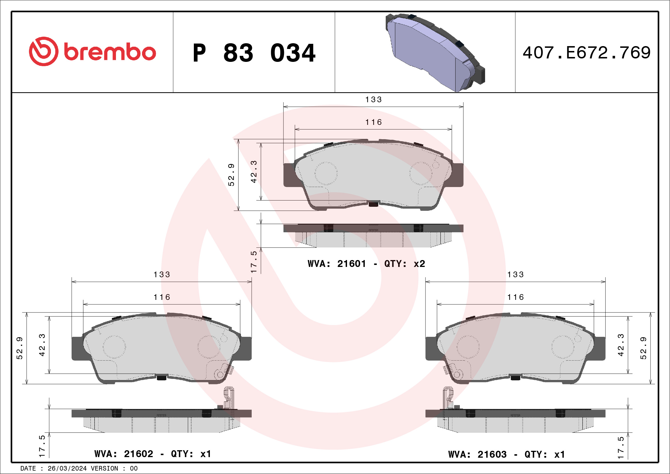 Brake Pad Set, disc brake - P 83 034 BREMBO