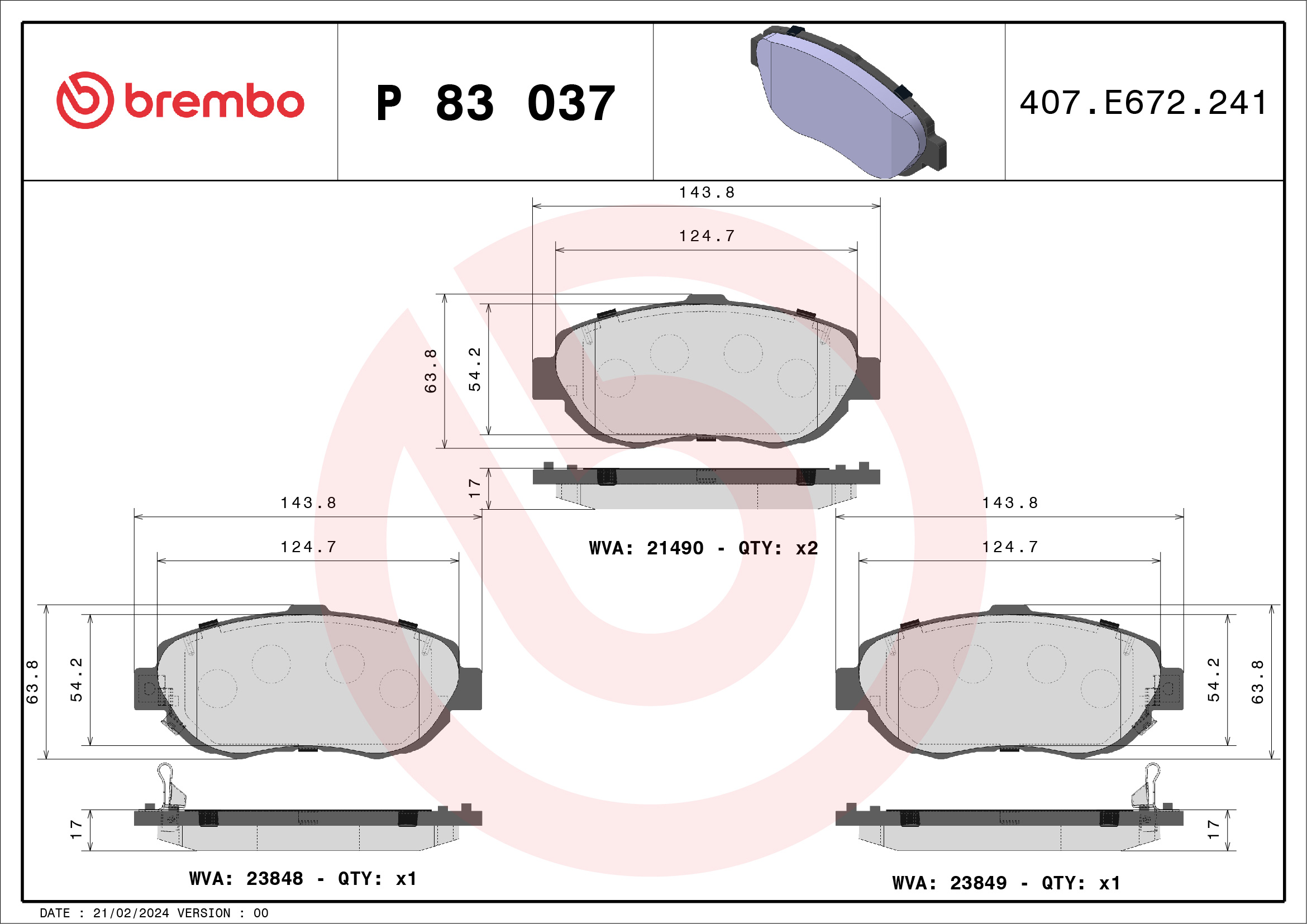Brake Pad Set, disc brake - P 83 037 BREMBO