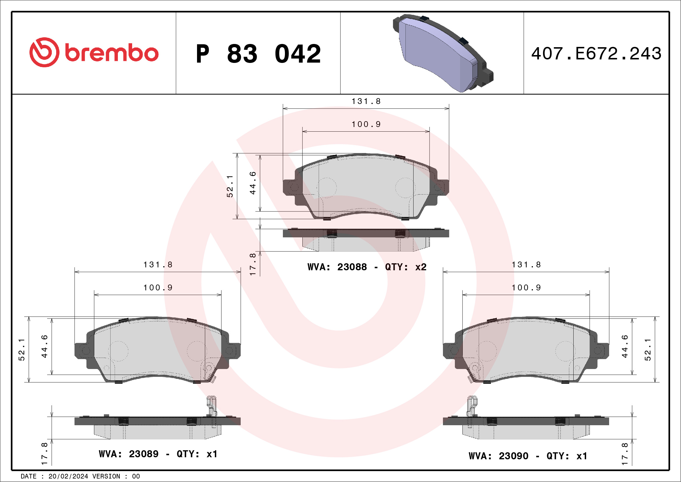 Kit pastiglie freno, Freno a disco - P 83 042 BREMBO