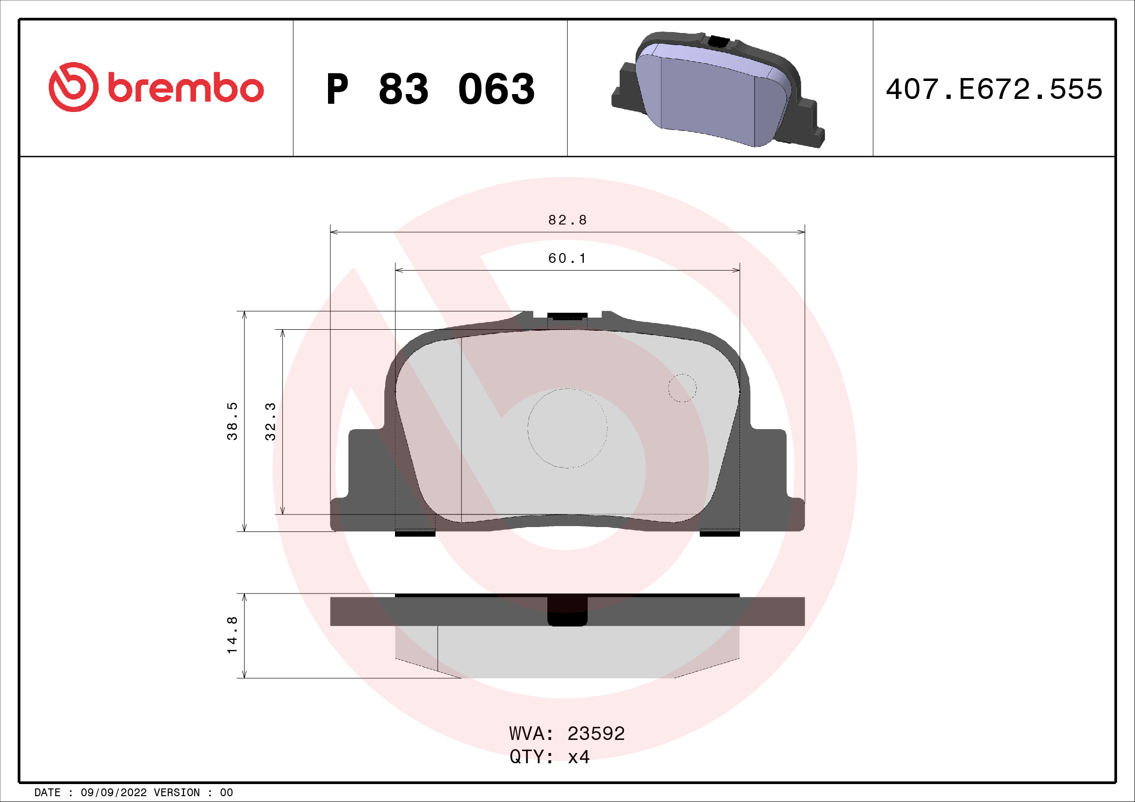 Brake Pad Set, disc brake - P 83 063 BREMBO