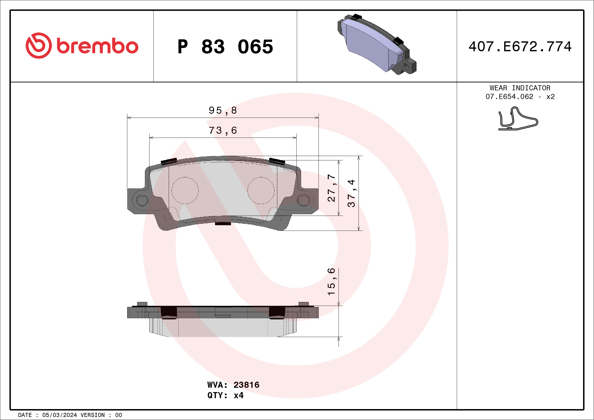 stabdžių trinkelių rinkinys, diskinis stabdys - P 83 065 BREMBO