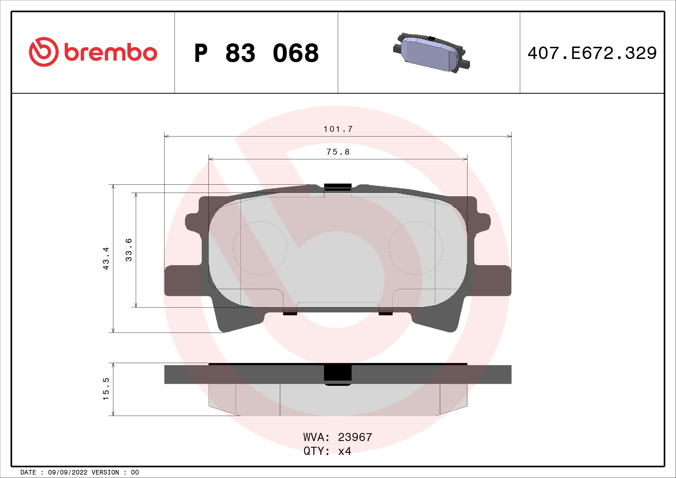 Brake Pad Set, disc brake - P 83 068 BREMBO