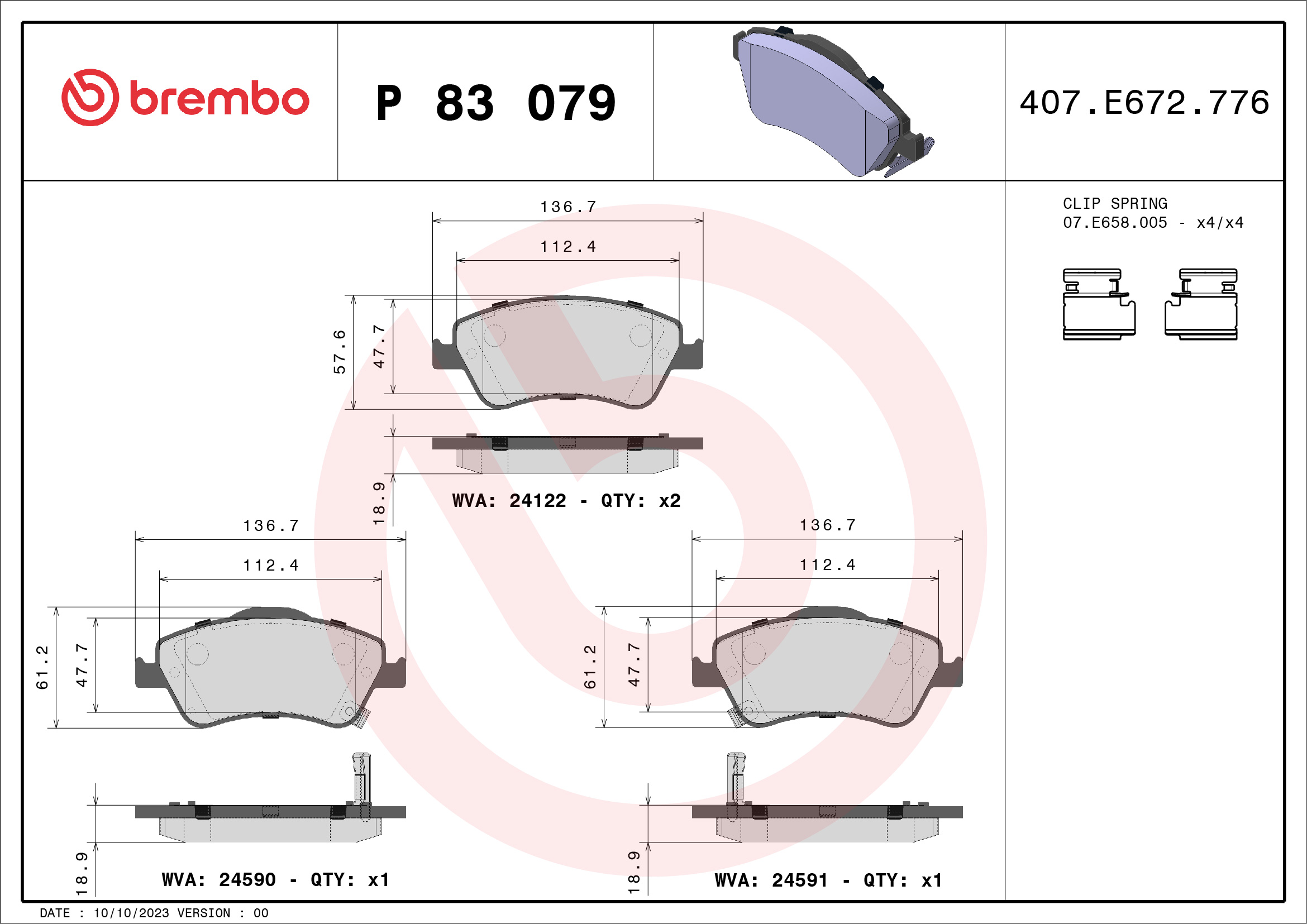 Brake Pad Set, disc brake - P 83 079 BREMBO