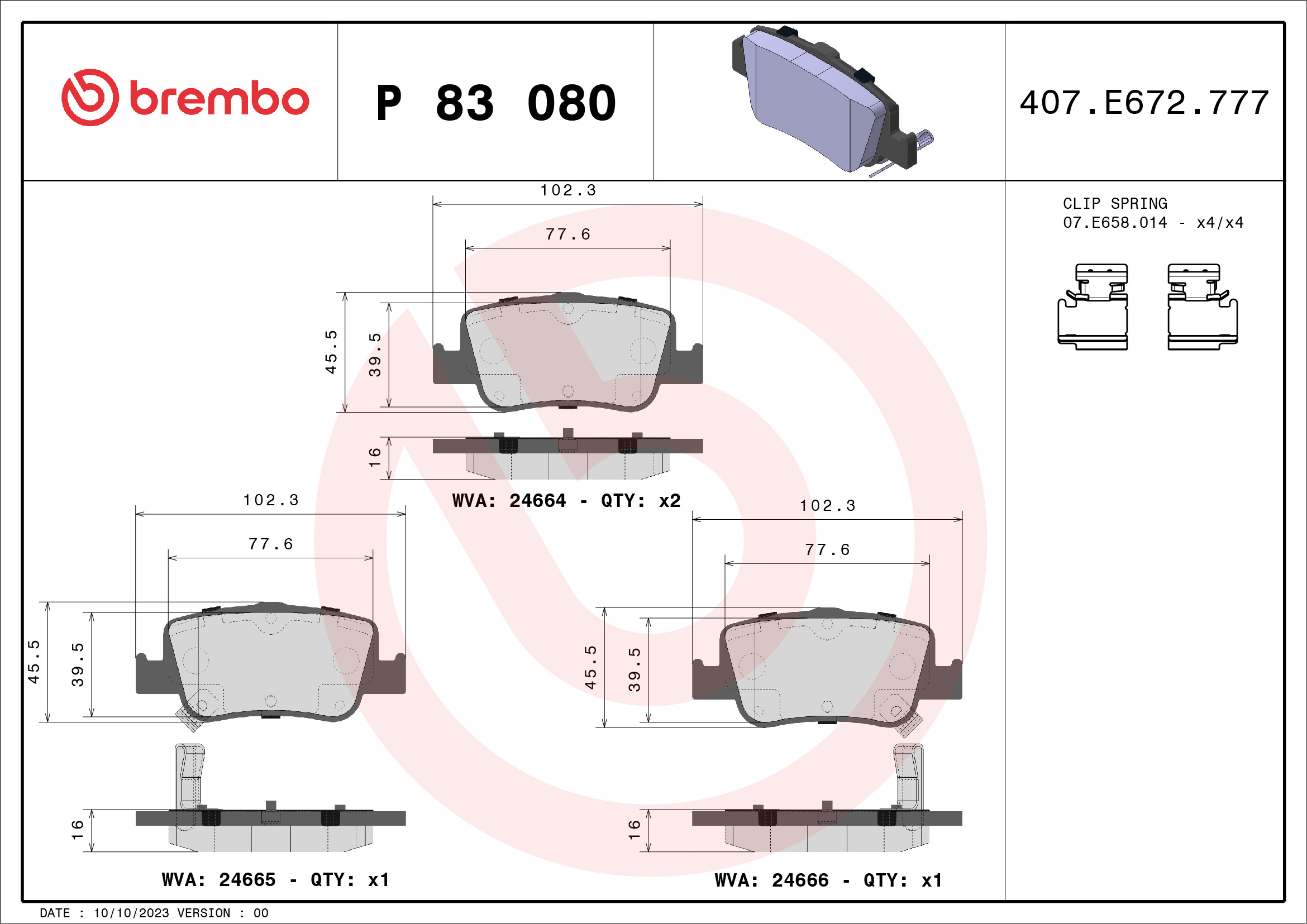 stabdžių trinkelių rinkinys, diskinis stabdys - P 83 080 BREMBO
