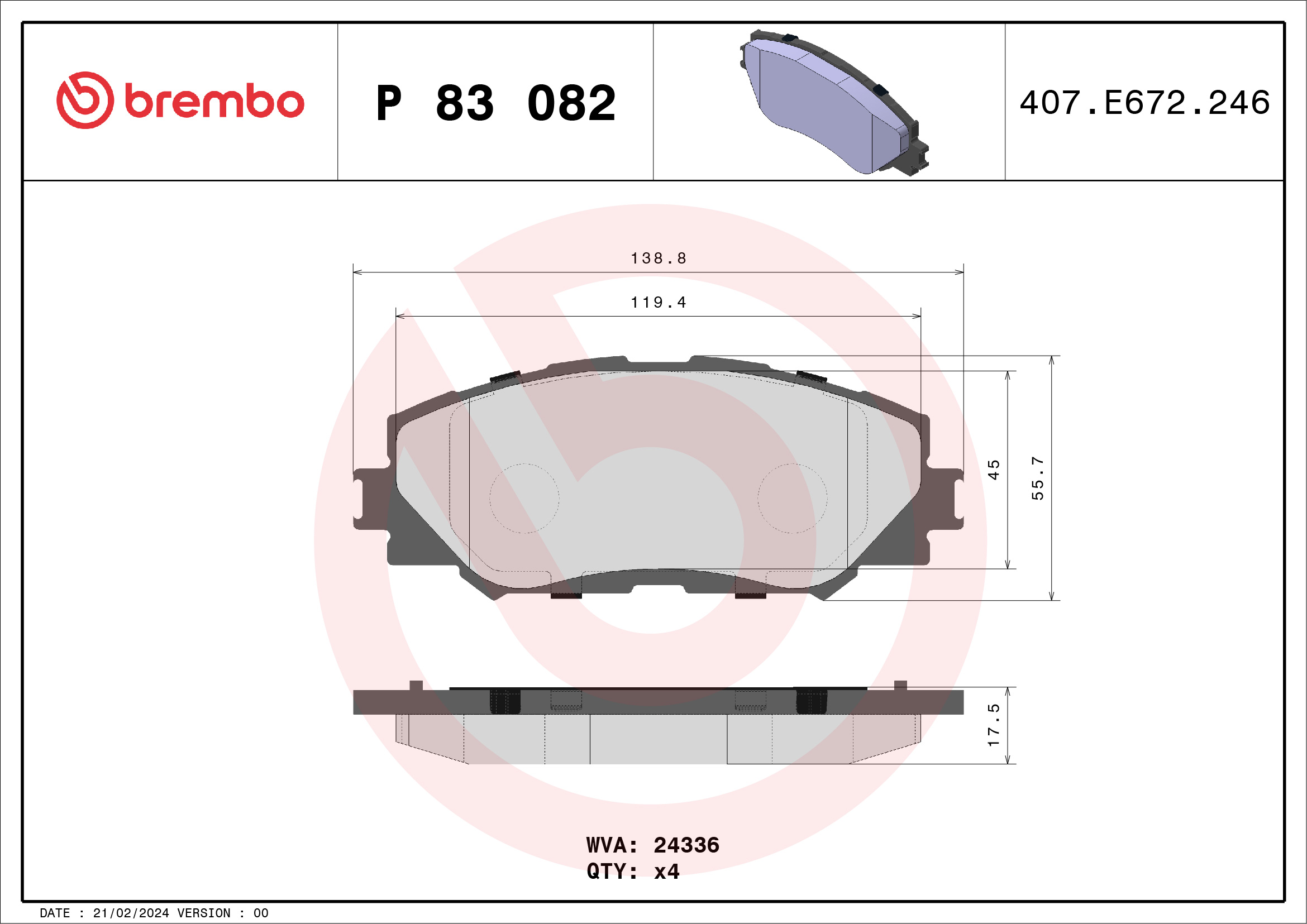 Brake Pad Set, disc brake - P 83 082 BREMBO