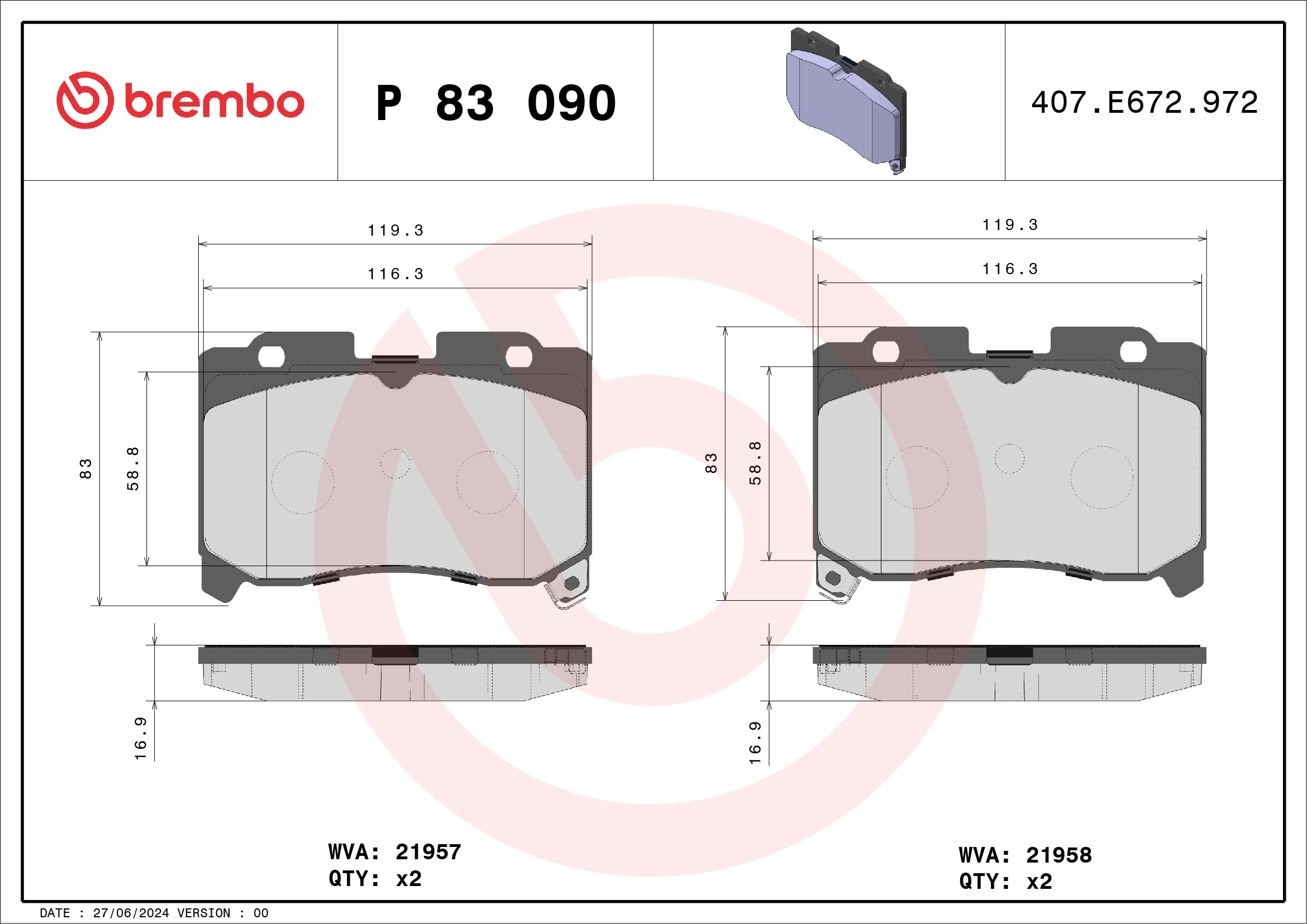 Brake Pad Set, disc brake - P 83 090 BREMBO