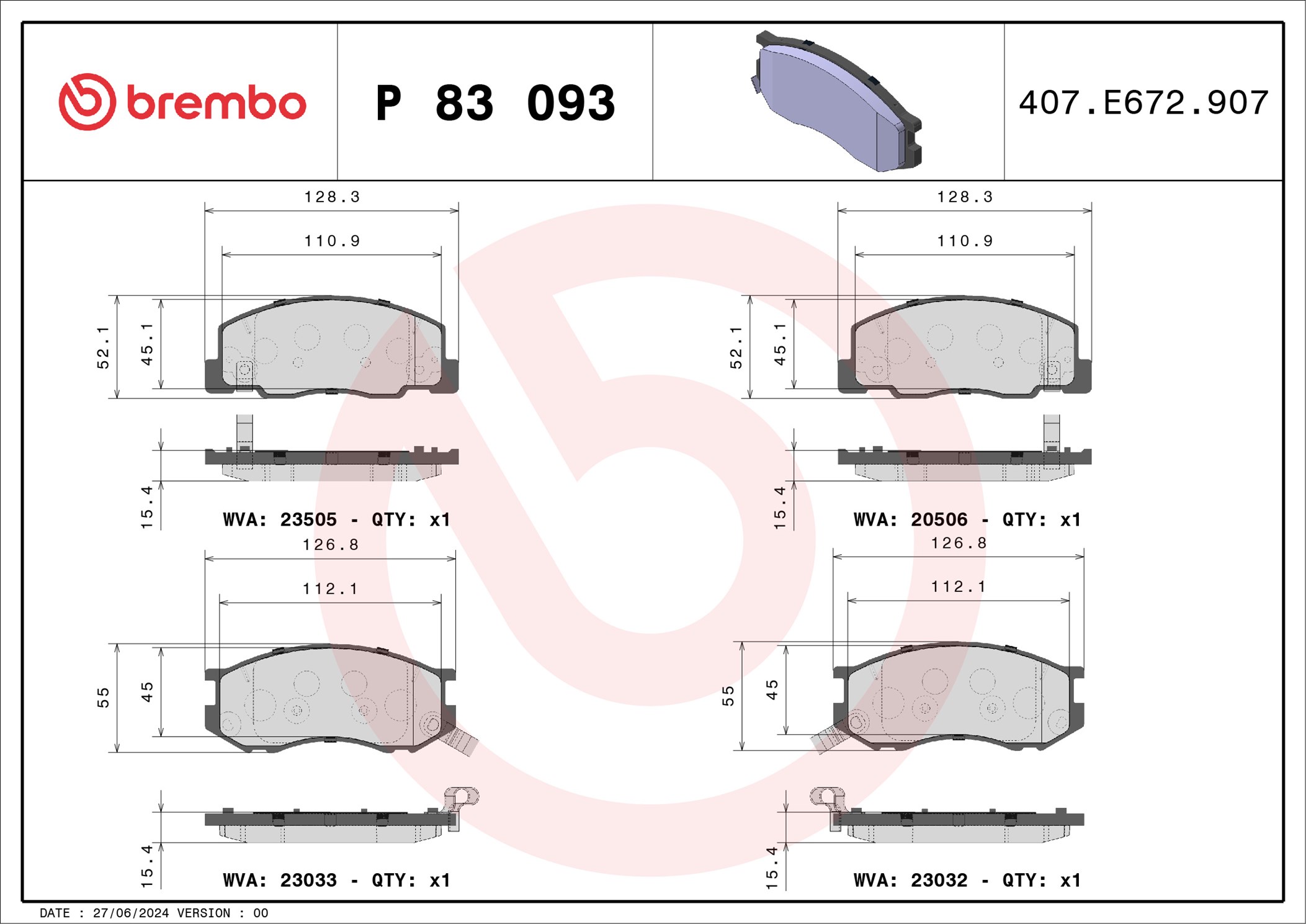 stabdžių trinkelių rinkinys, diskinis stabdys - P 83 093 BREMBO