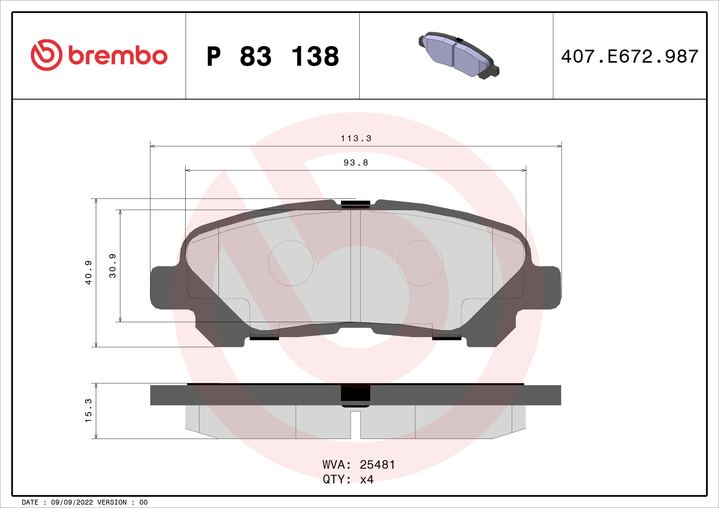 Brake Pad Set, disc brake - P 83 138 BREMBO