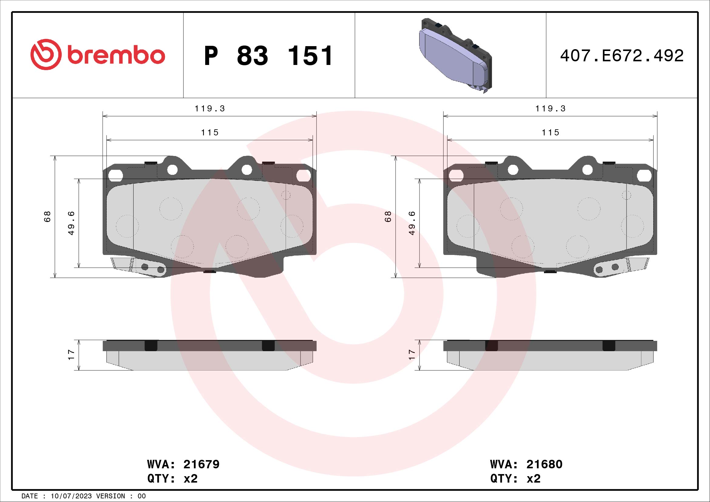 Kit pastiglie freno, Freno a disco - P 83 151 BREMBO