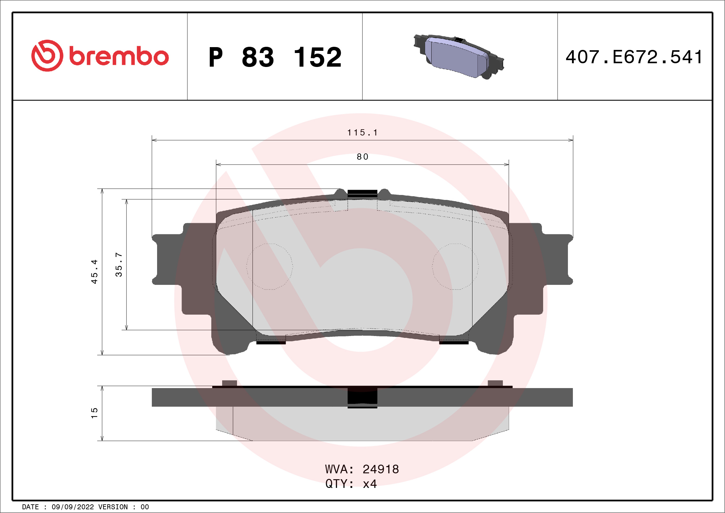 stabdžių trinkelių rinkinys, diskinis stabdys - P 83 152 BREMBO