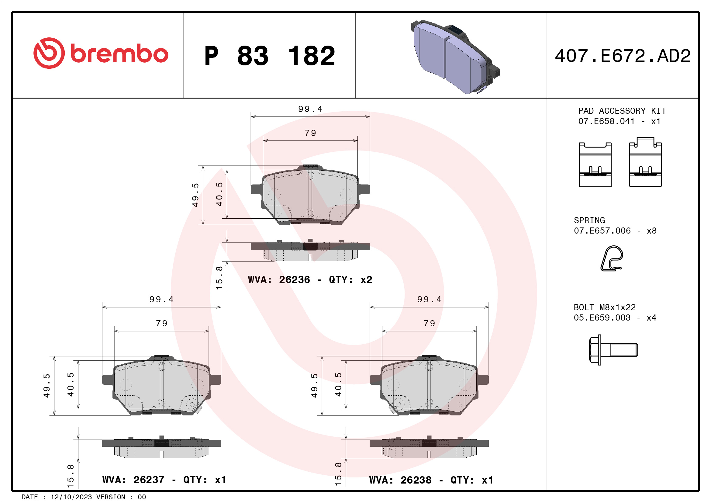 Brake Pad Set, disc brake - P 83 182 BREMBO