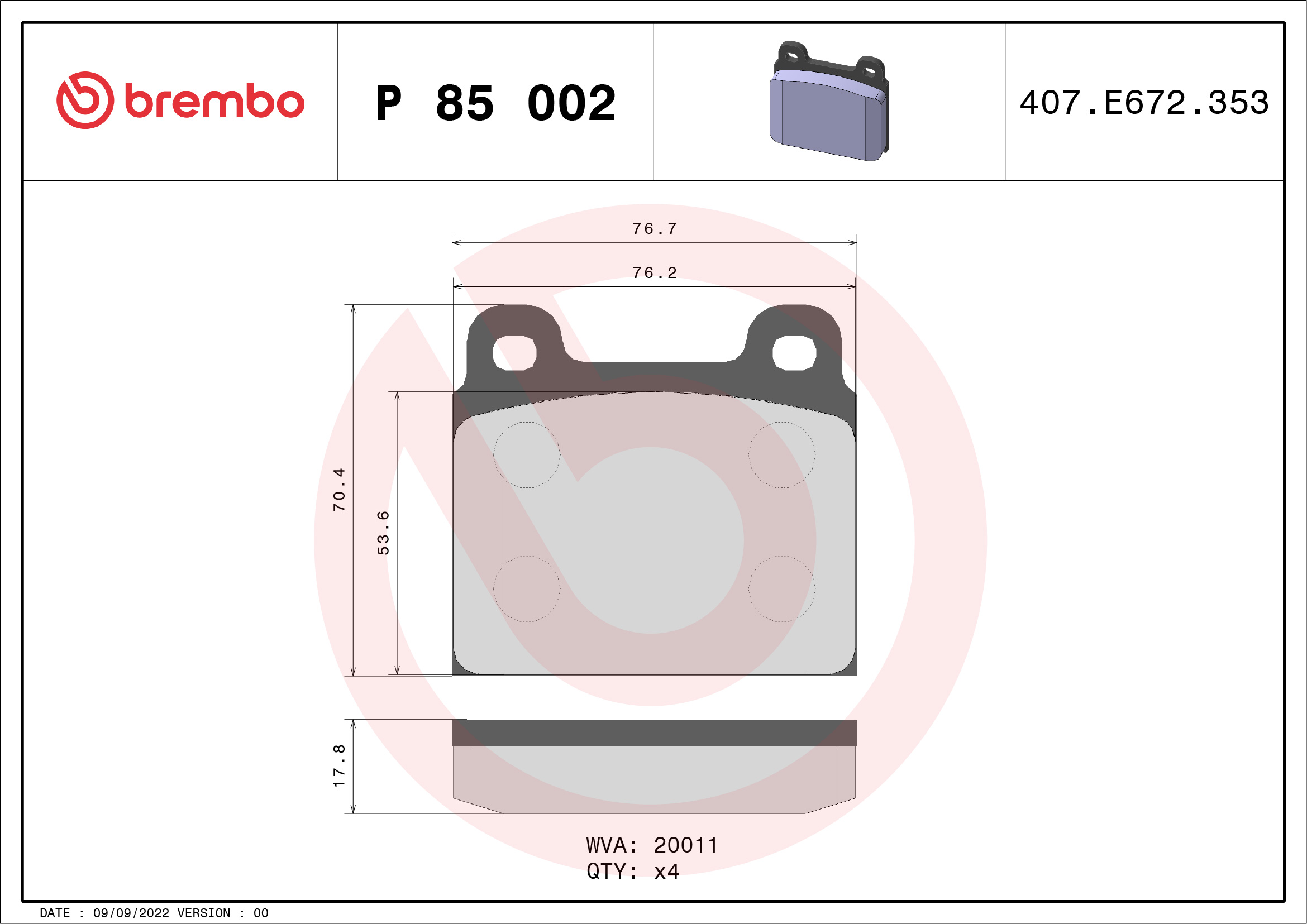 Kit pastiglie freno, Freno a disco - P 85 002 BREMBO