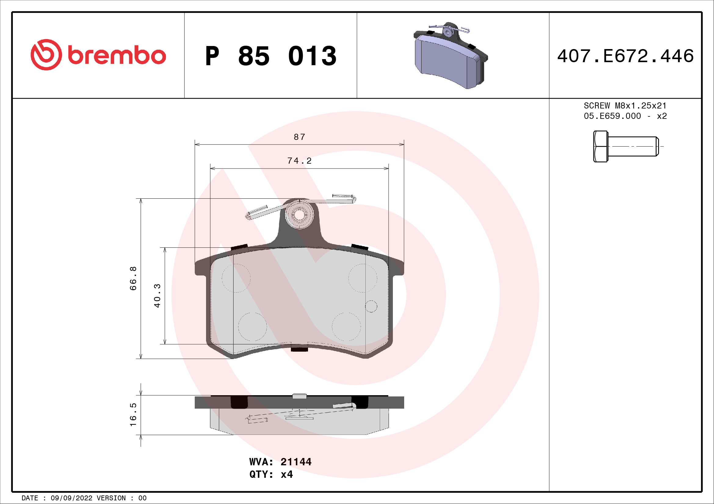 Brake Pad Set, disc brake - P 85 013 BREMBO