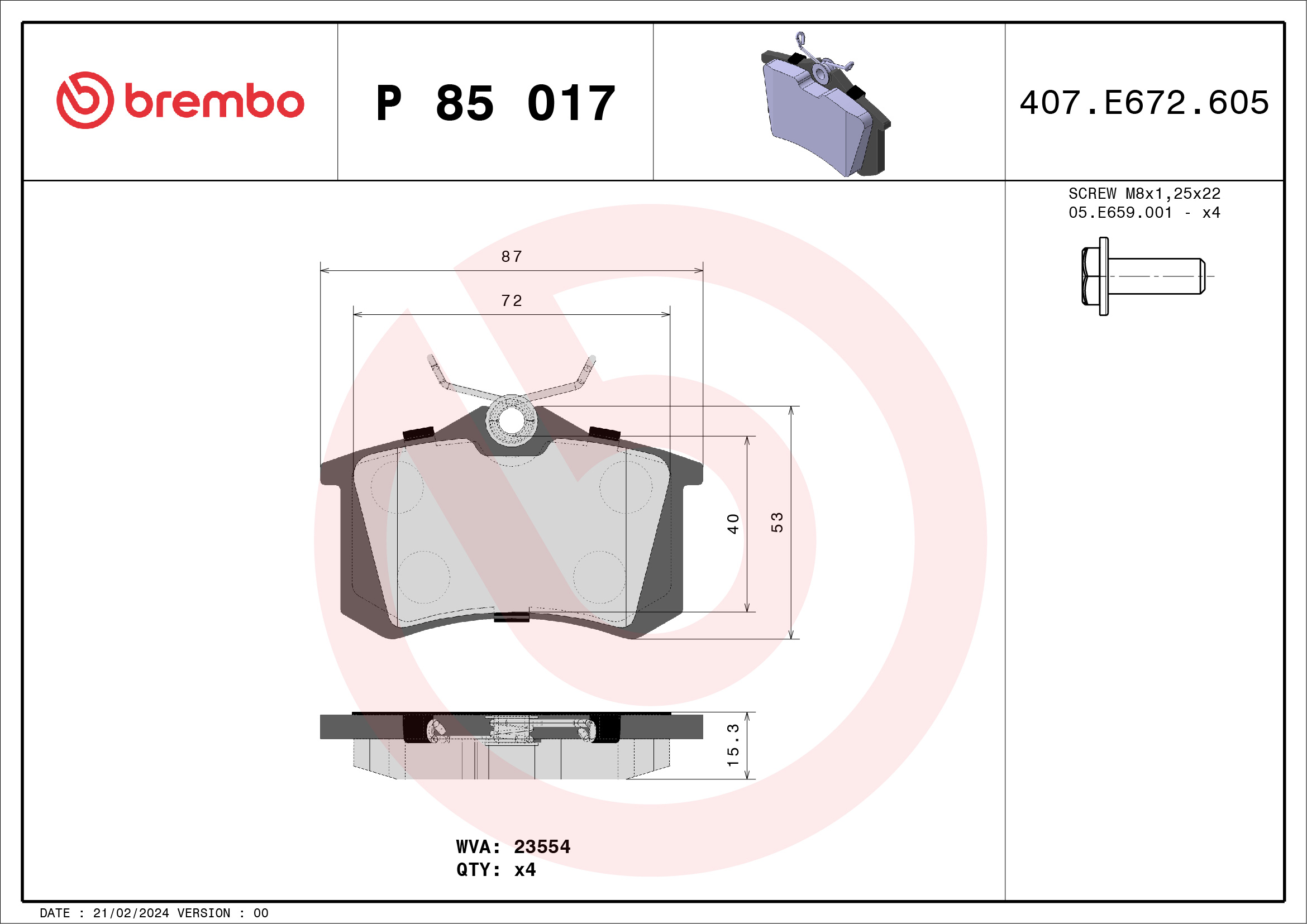 Комплект тормозных колодок, дисковый тормоз - P 85 017 BREMBO