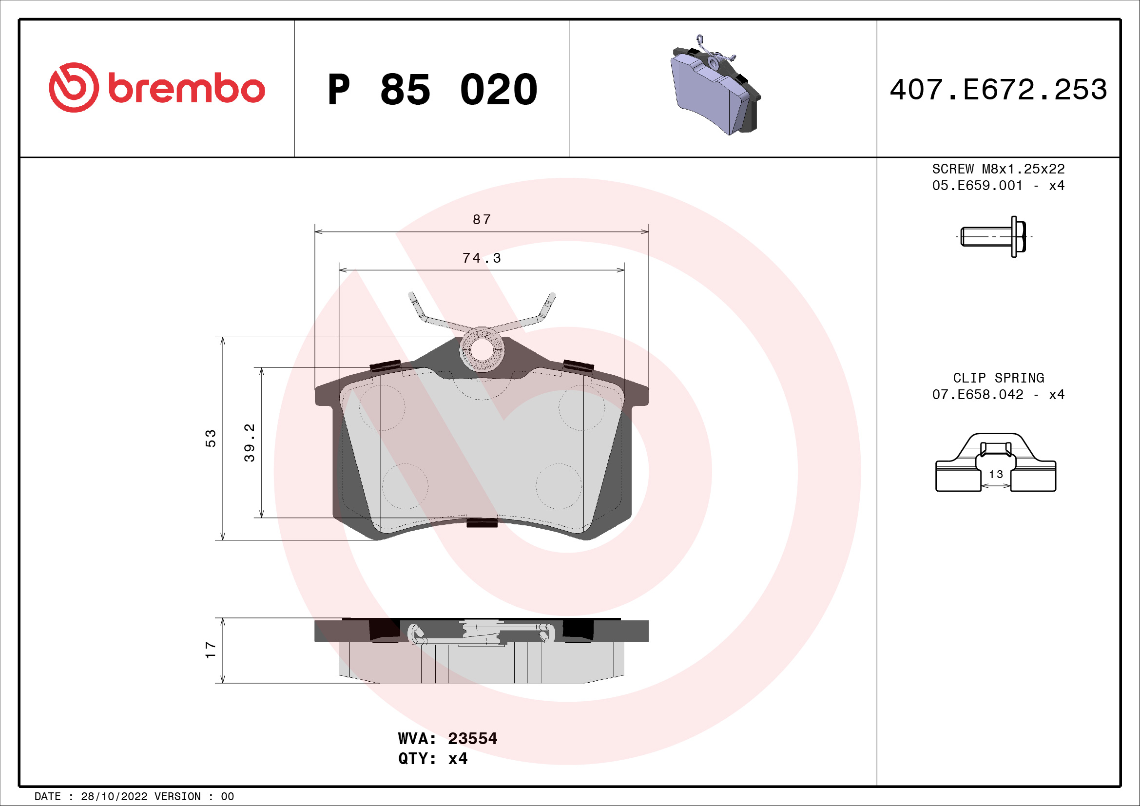 Kit pastiglie freno, Freno a disco - P 85 020 BREMBO
