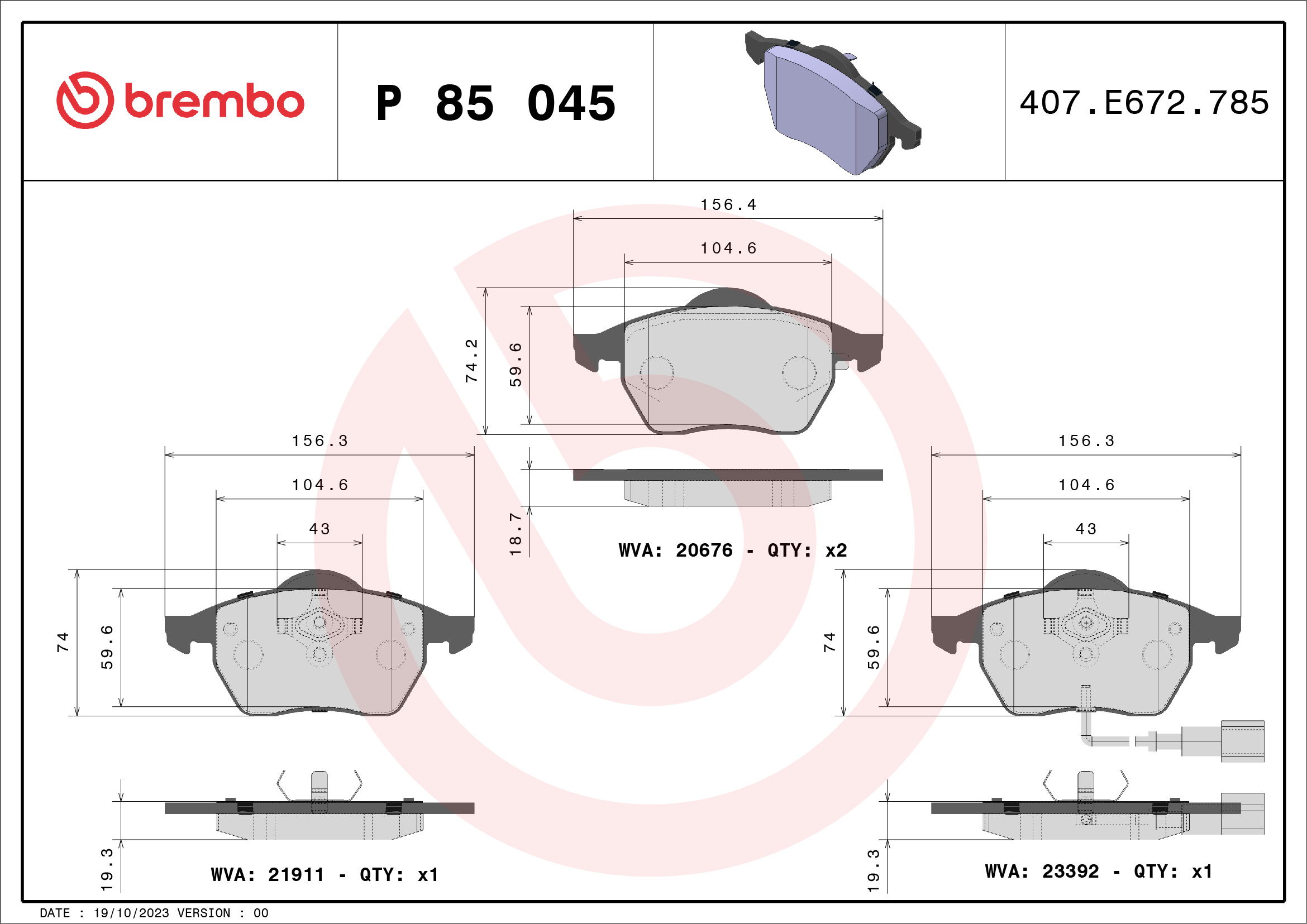 Brake Pad Set, disc brake - P 85 045 BREMBO