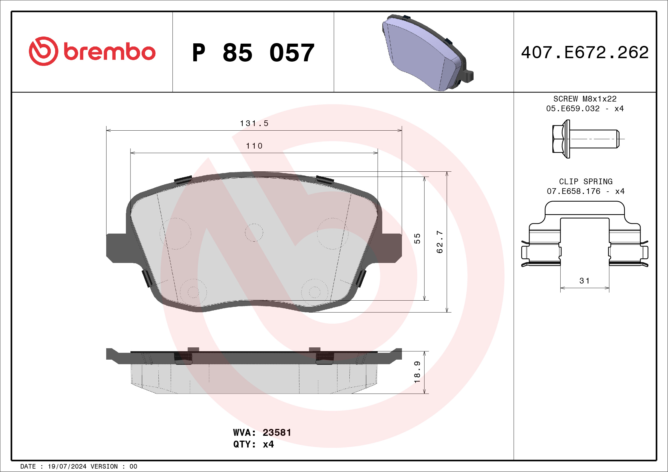 Brake Pad Set, disc brake - P 85 057 BREMBO