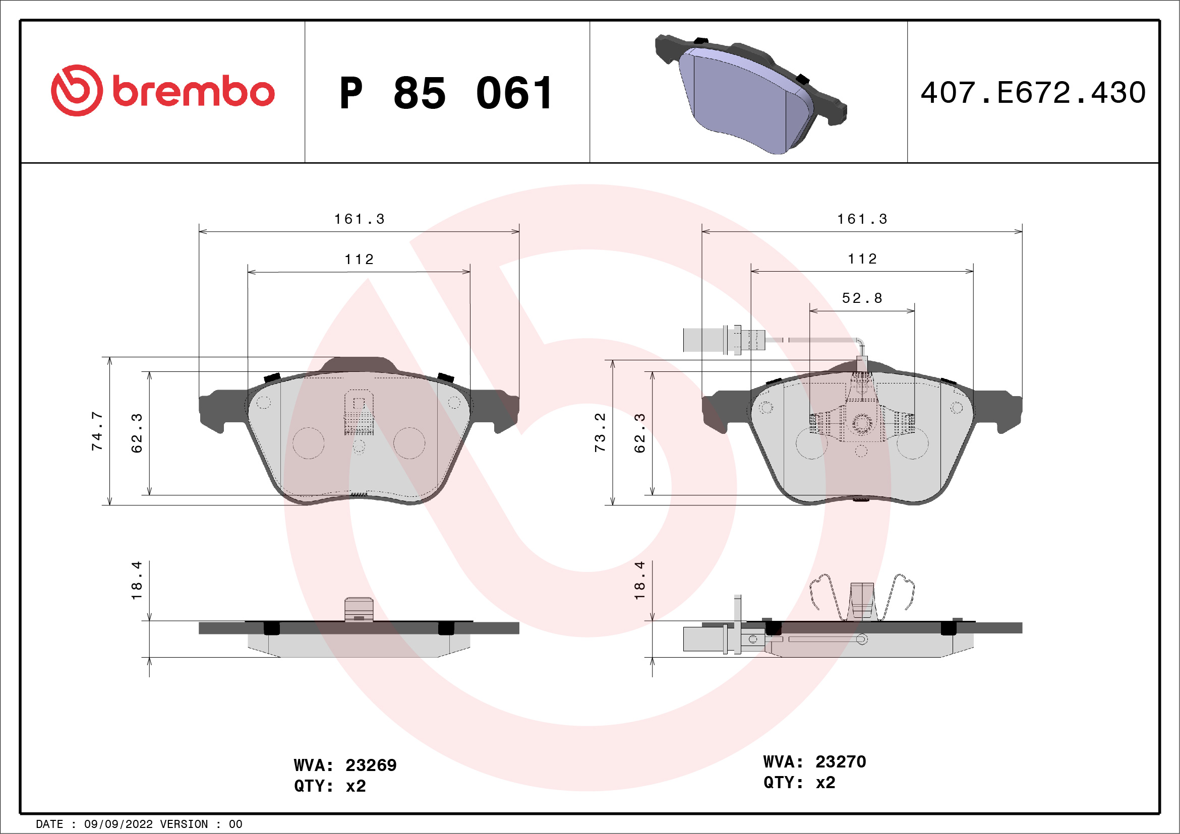 stabdžių trinkelių rinkinys, diskinis stabdys - P 85 061 BREMBO