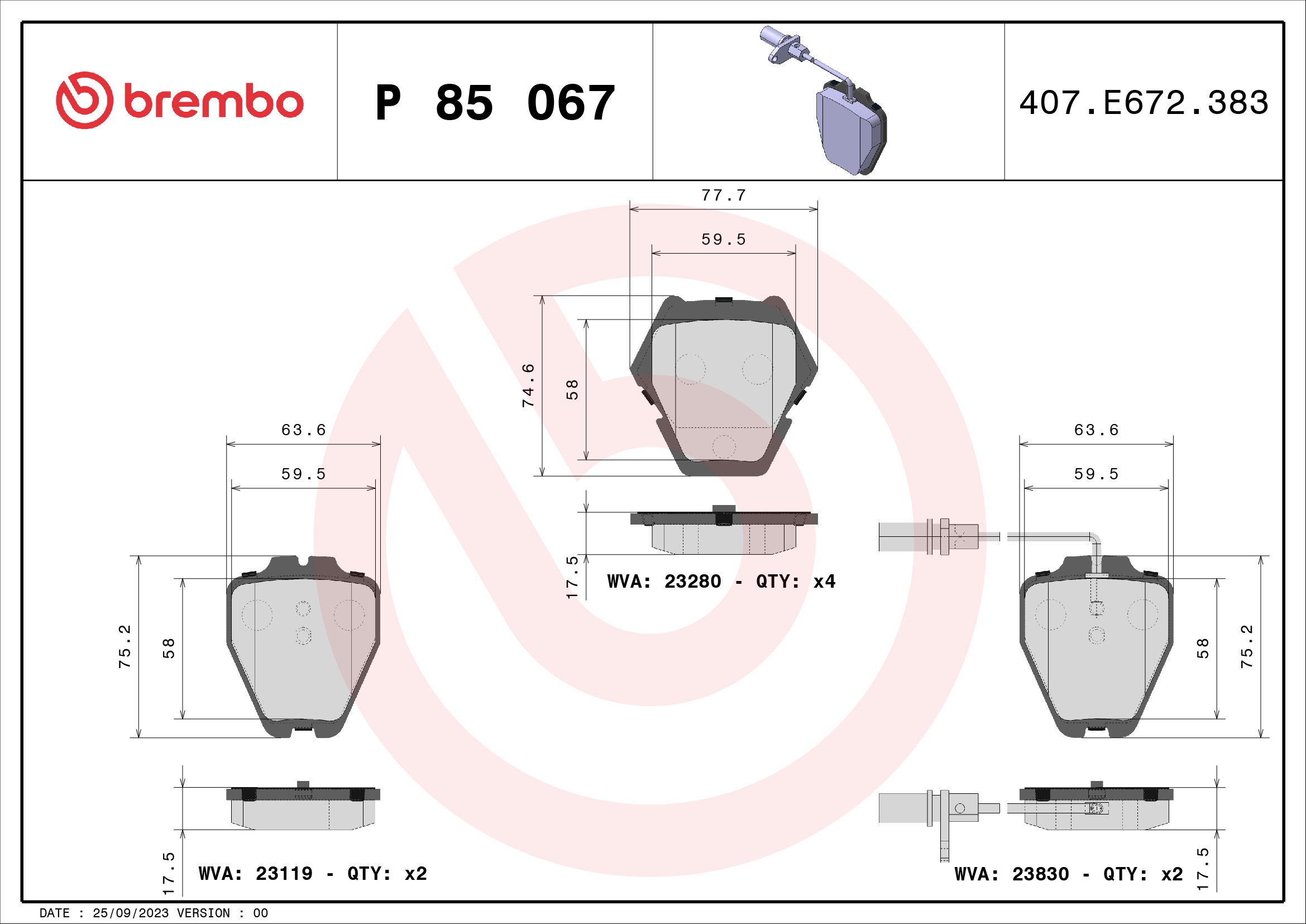 Brake Pad Set, disc brake - P 85 067 BREMBO