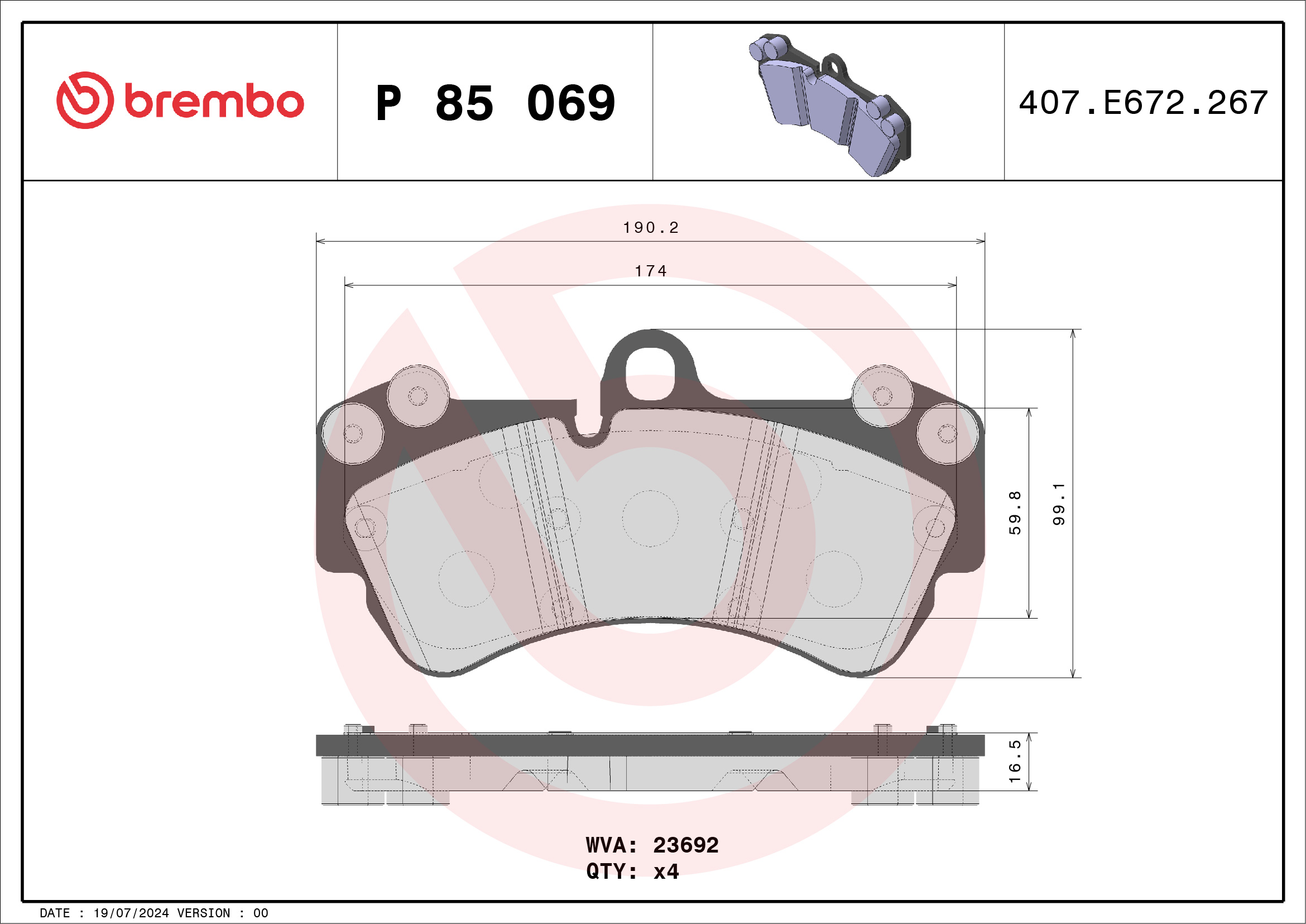 Bremsbelagsatz, Scheibenbremse - P 85 069 BREMBO