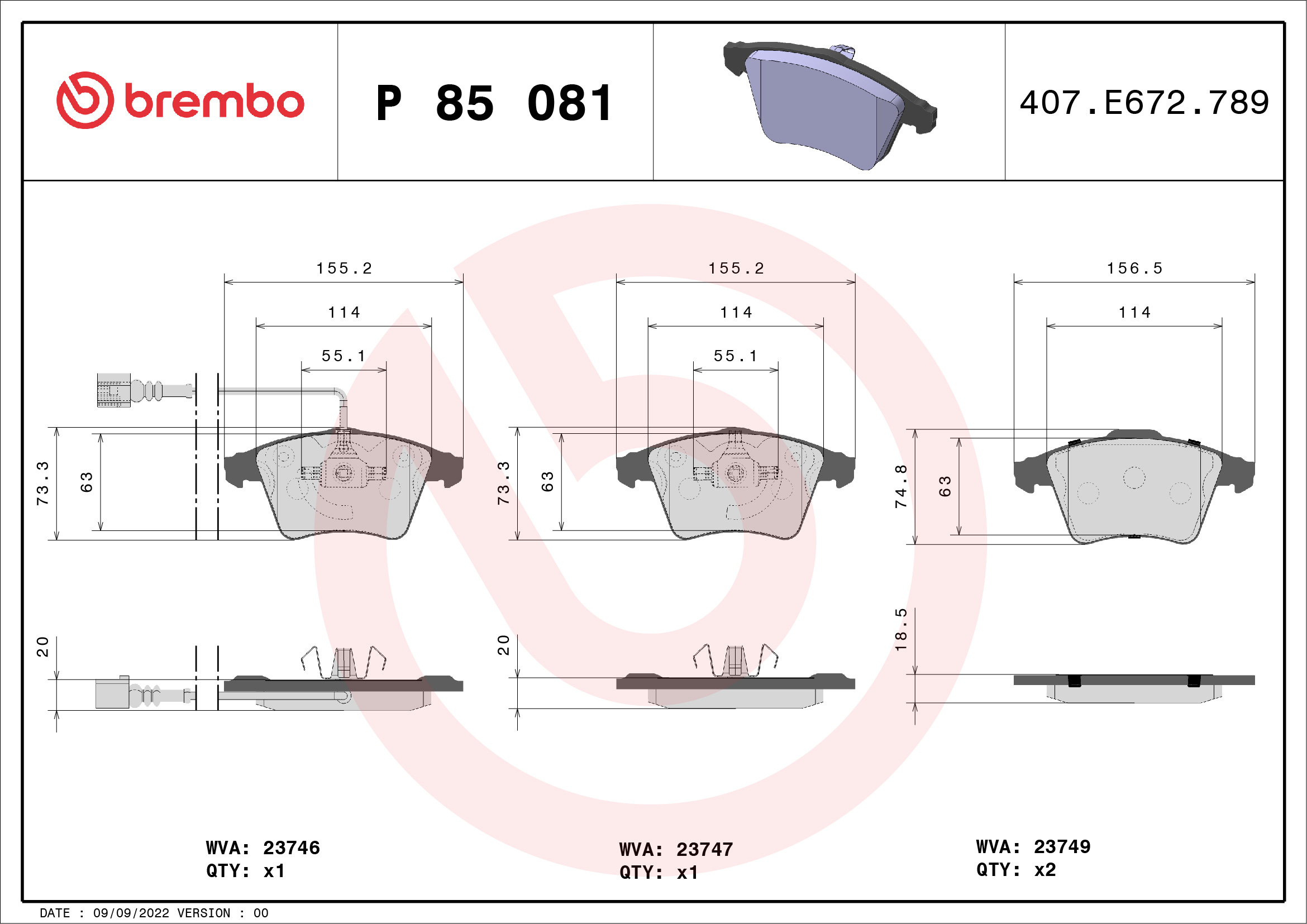 Kit pastiglie freno, Freno a disco - P 85 081 BREMBO