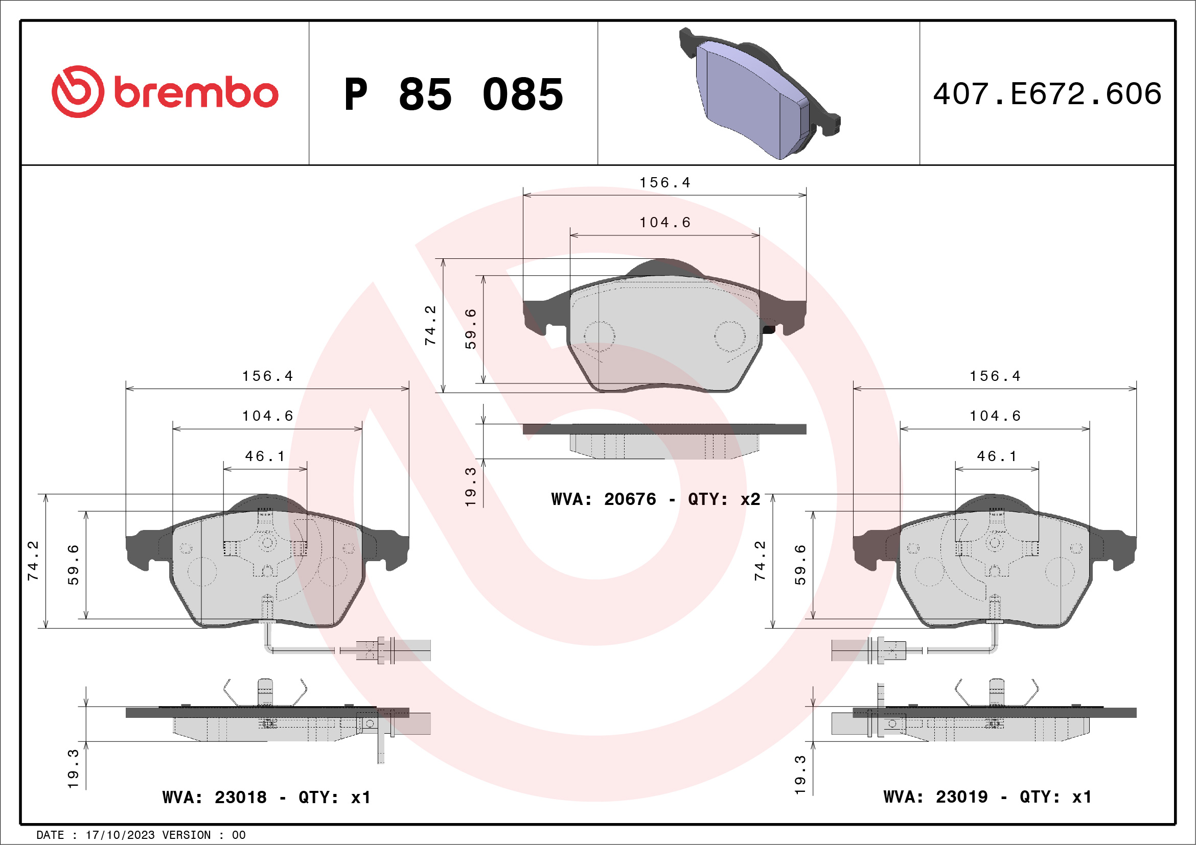 stabdžių trinkelių rinkinys, diskinis stabdys - P 85 085 BREMBO