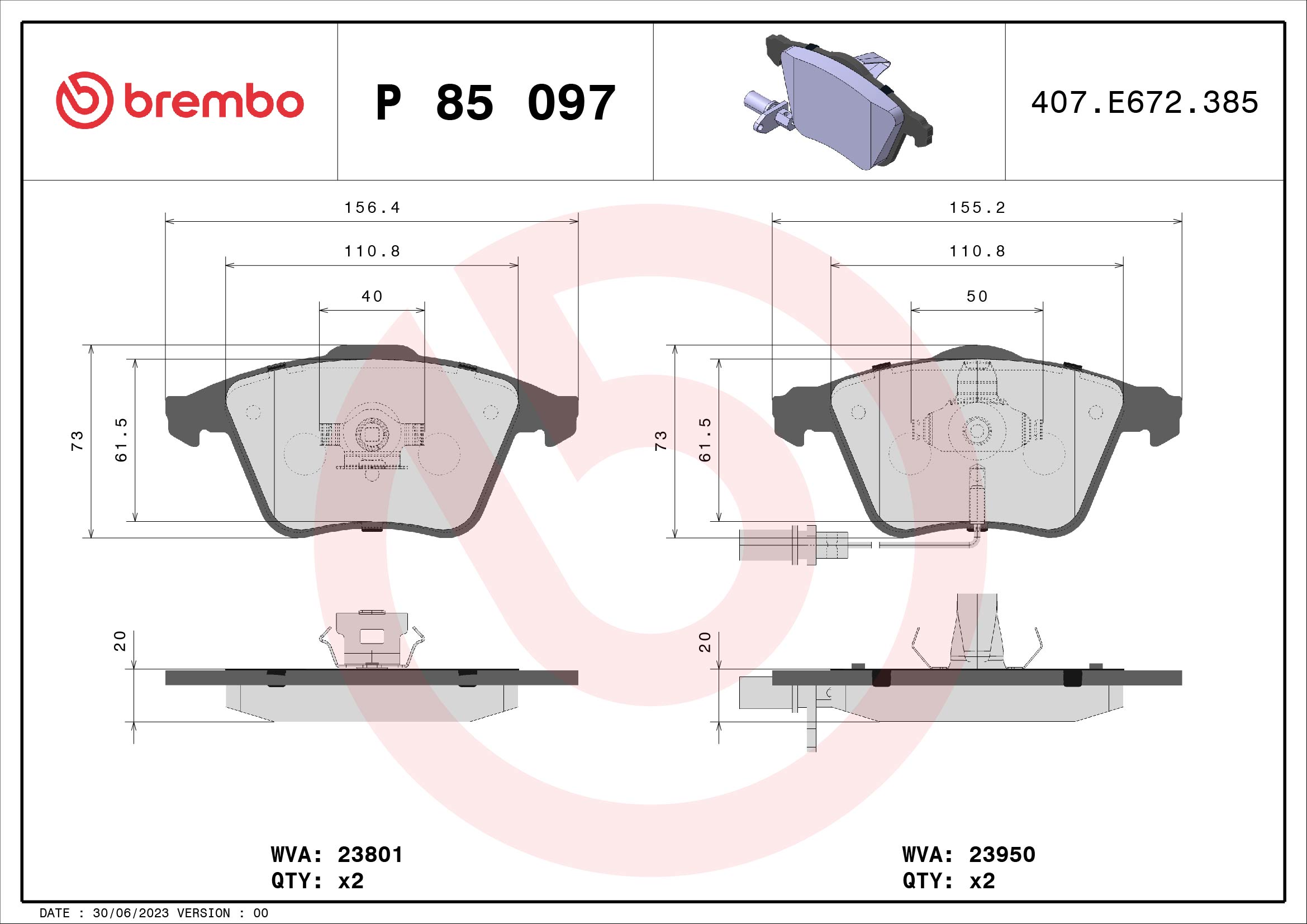 Brake Pad Set, disc brake - P 85 097 BREMBO