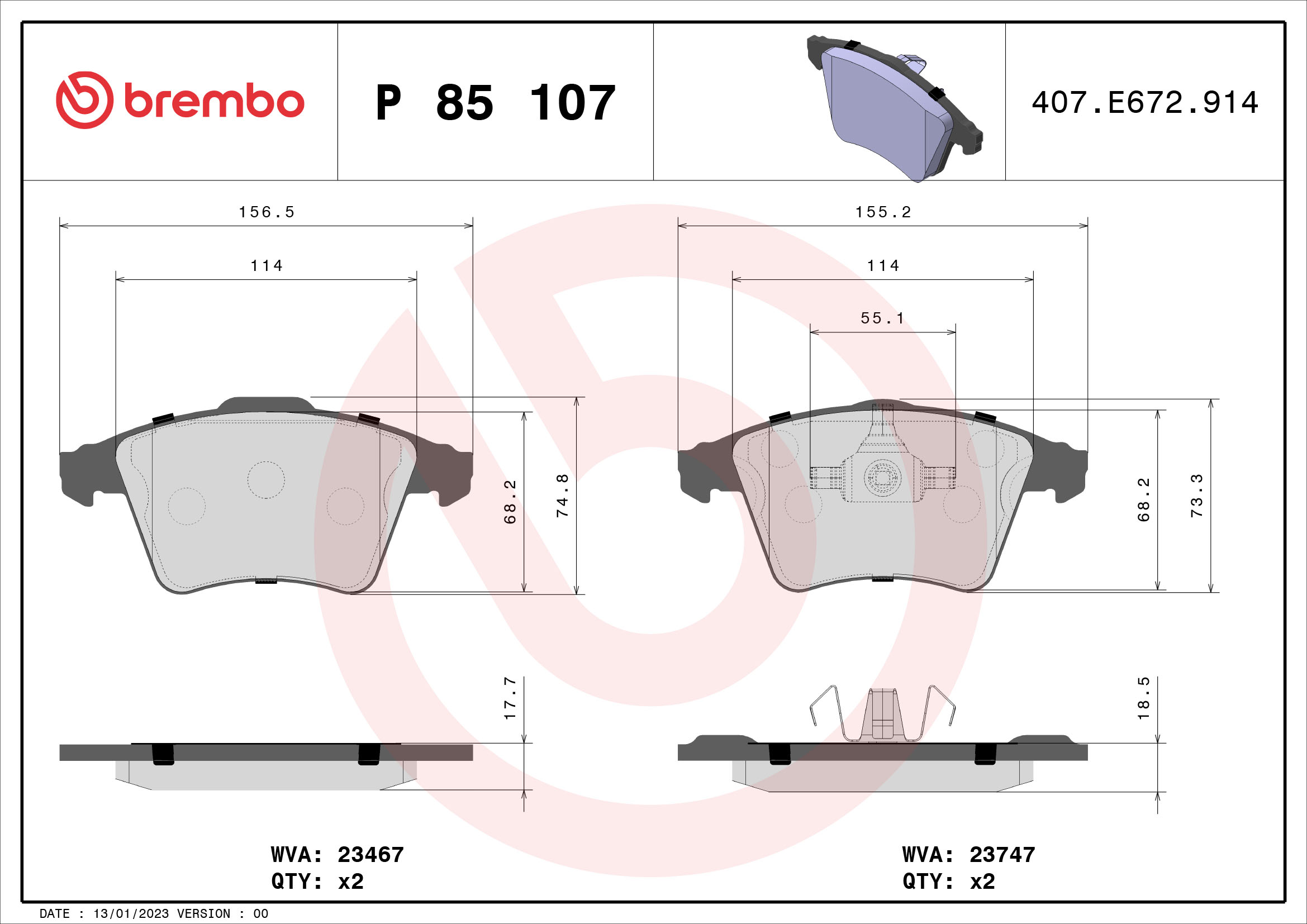 Brake Pad Set, disc brake - P 85 107 BREMBO