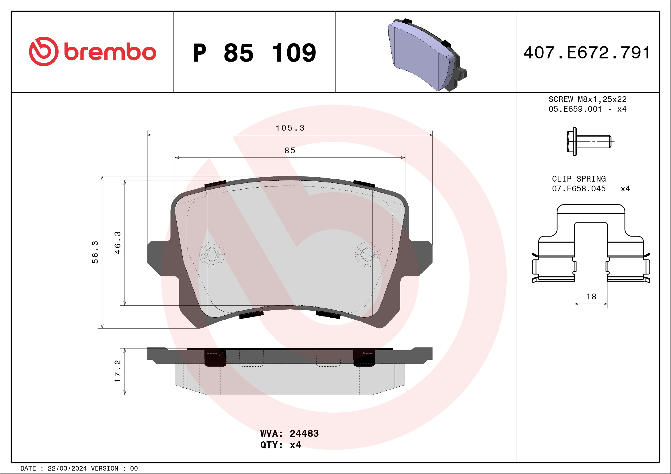 Kit pastiglie freno, Freno a disco - P 85 109 BREMBO