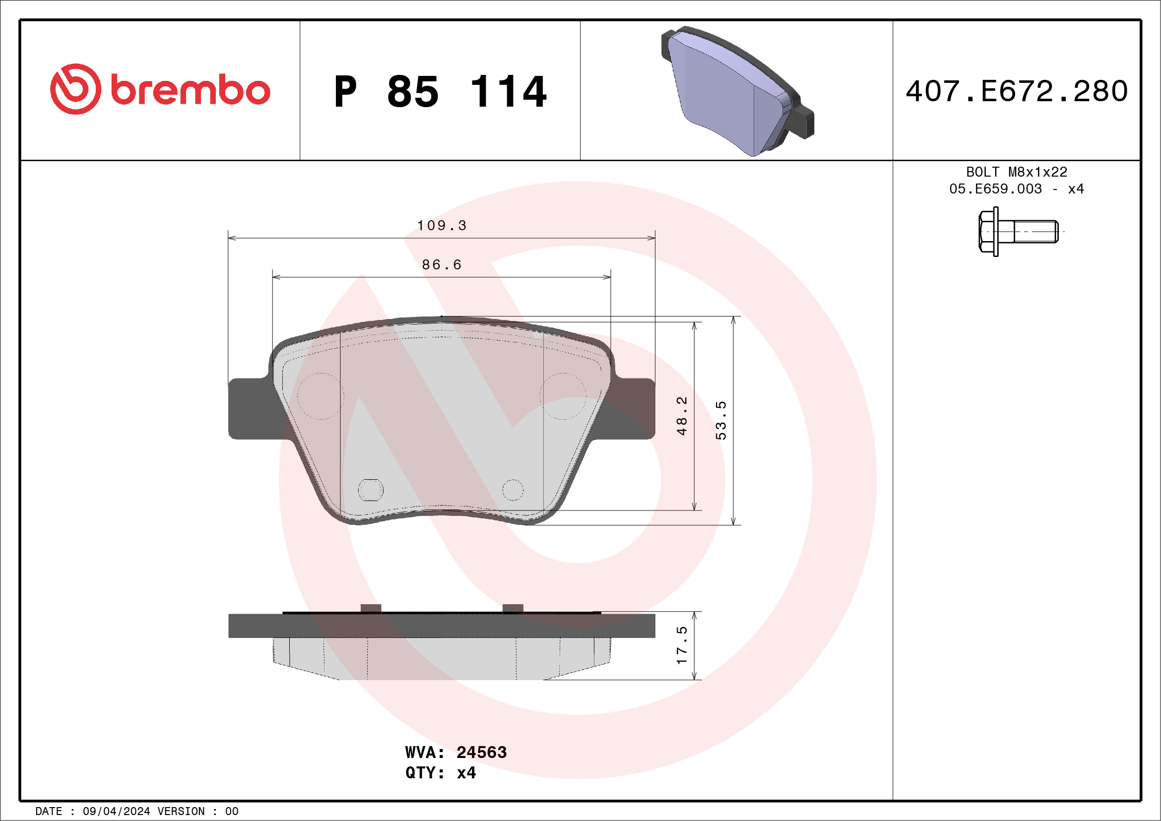 Brake Pad Set, disc brake - P 85 114 BREMBO