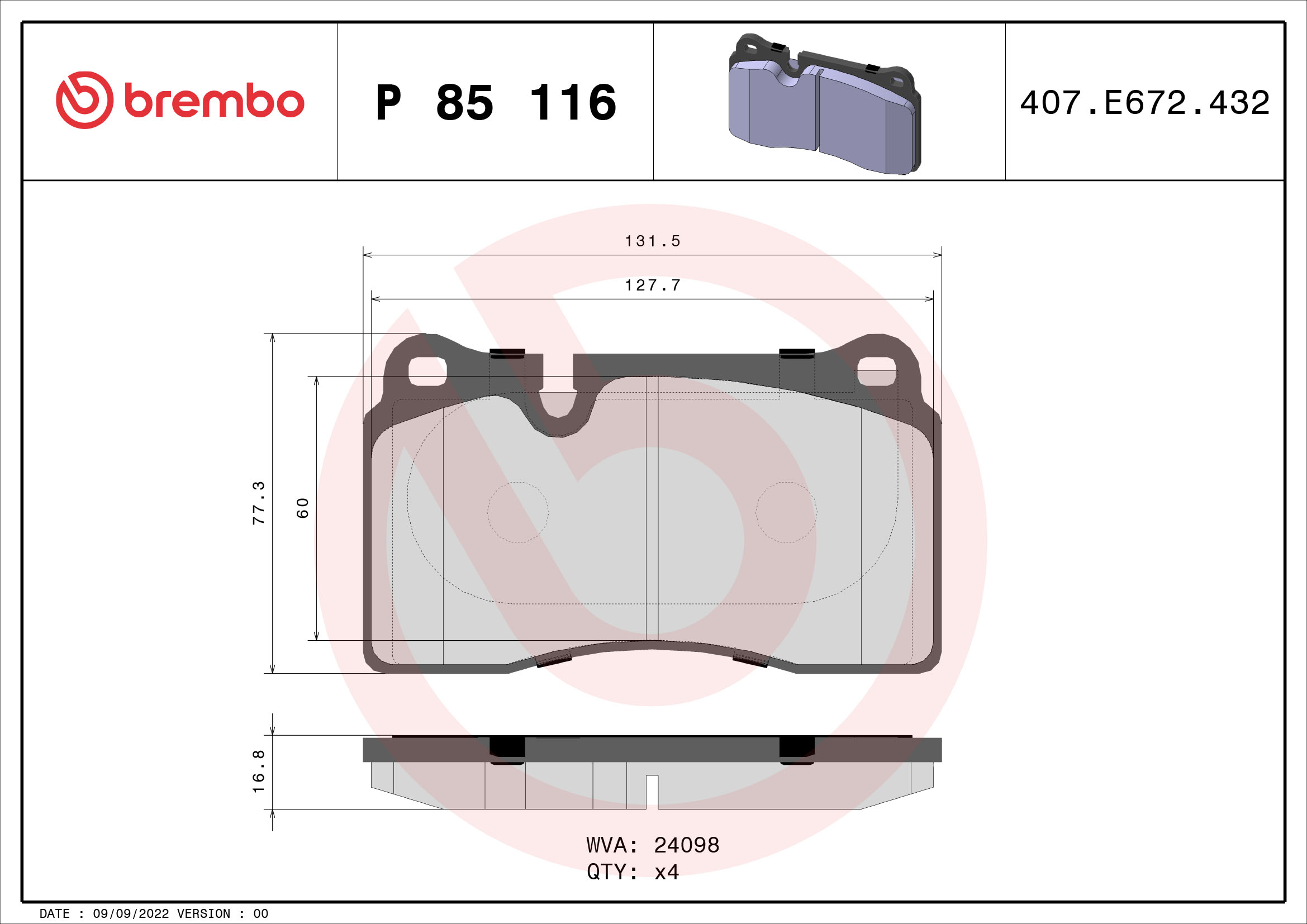 Brake Pad Set, disc brake - P 85 116 BREMBO